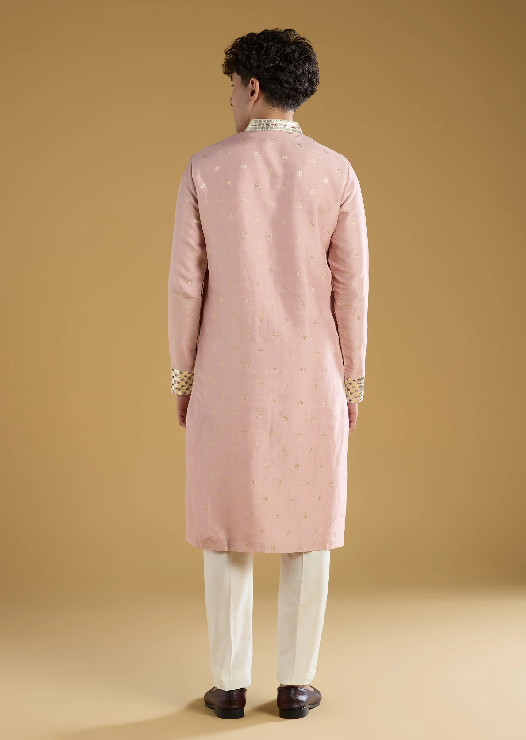 Powder Pink Mens Kurta Set With Beads Metal Leather And Zari Work - Image 5