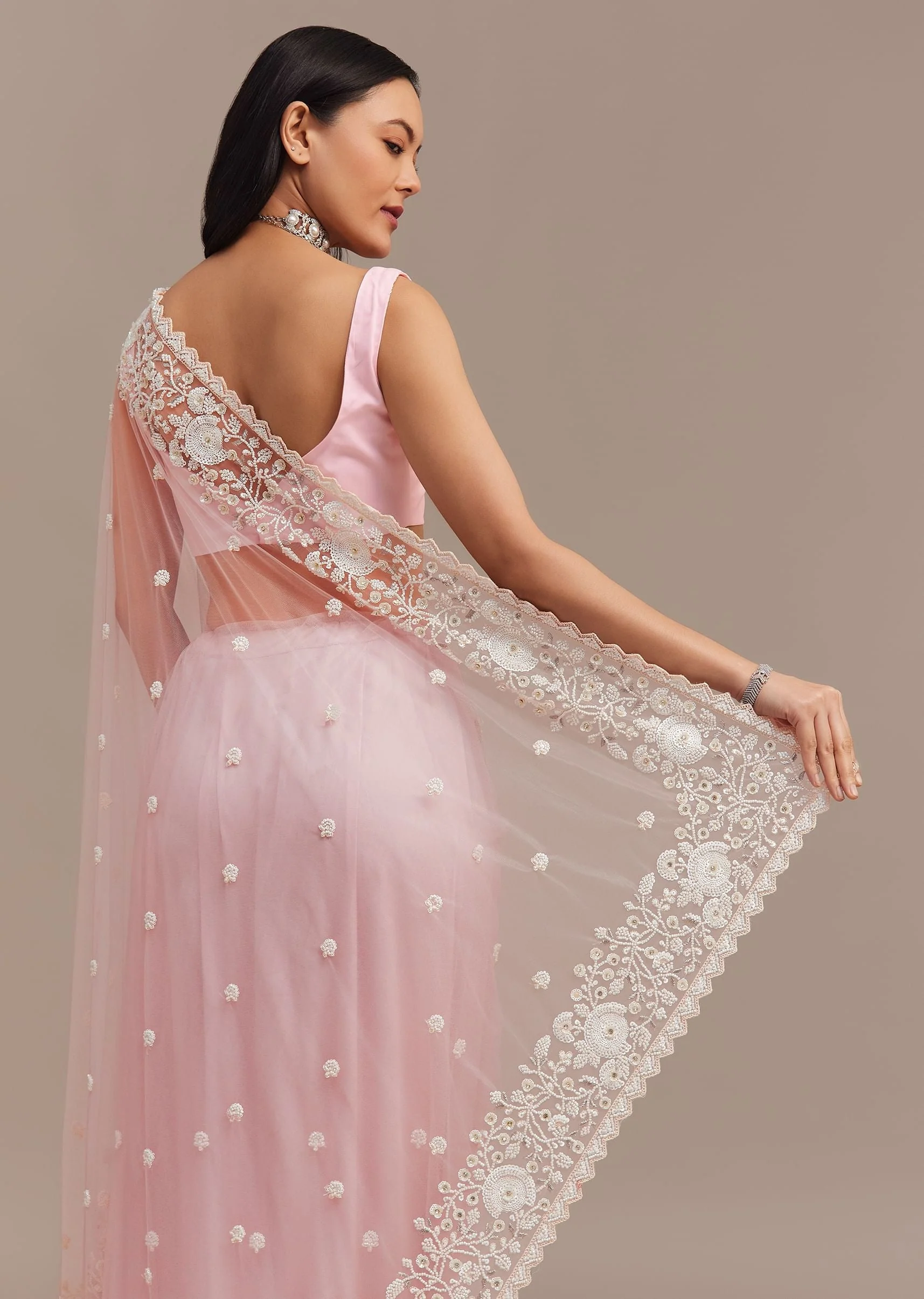 Powder Pink Net Saree Embroidered With Beads And Sequins - Image 4