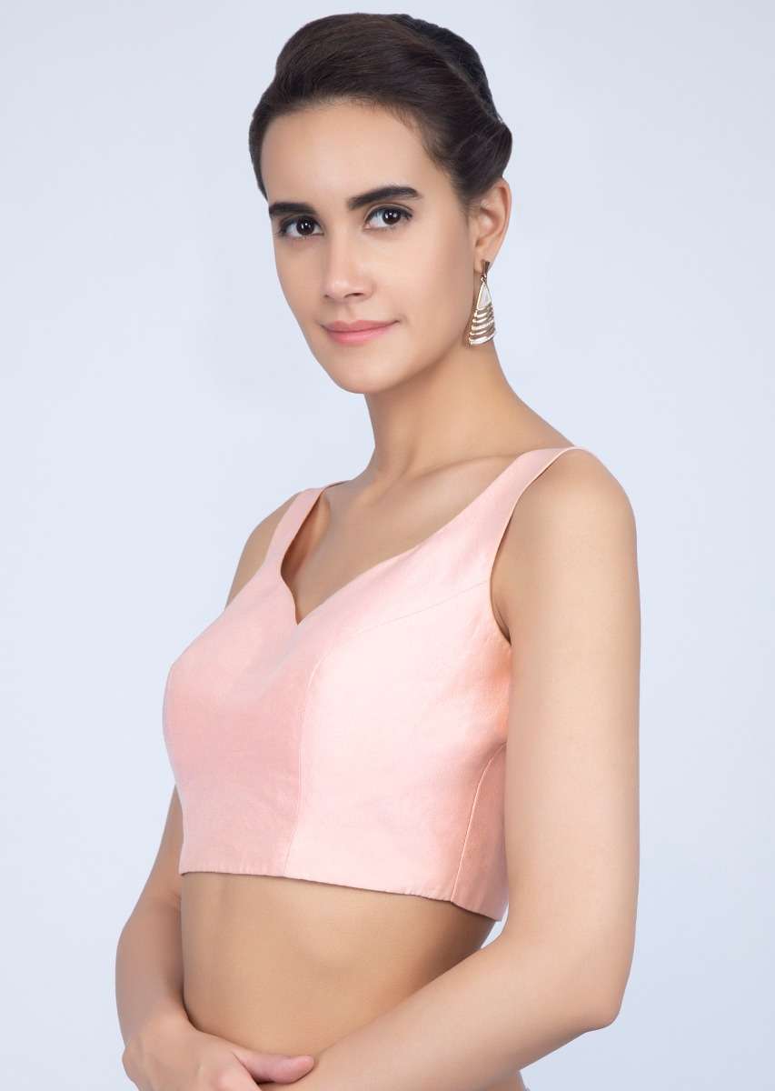 Powder Pink Blouse In Raw Silk With Sweet Heart Neck - Image 4