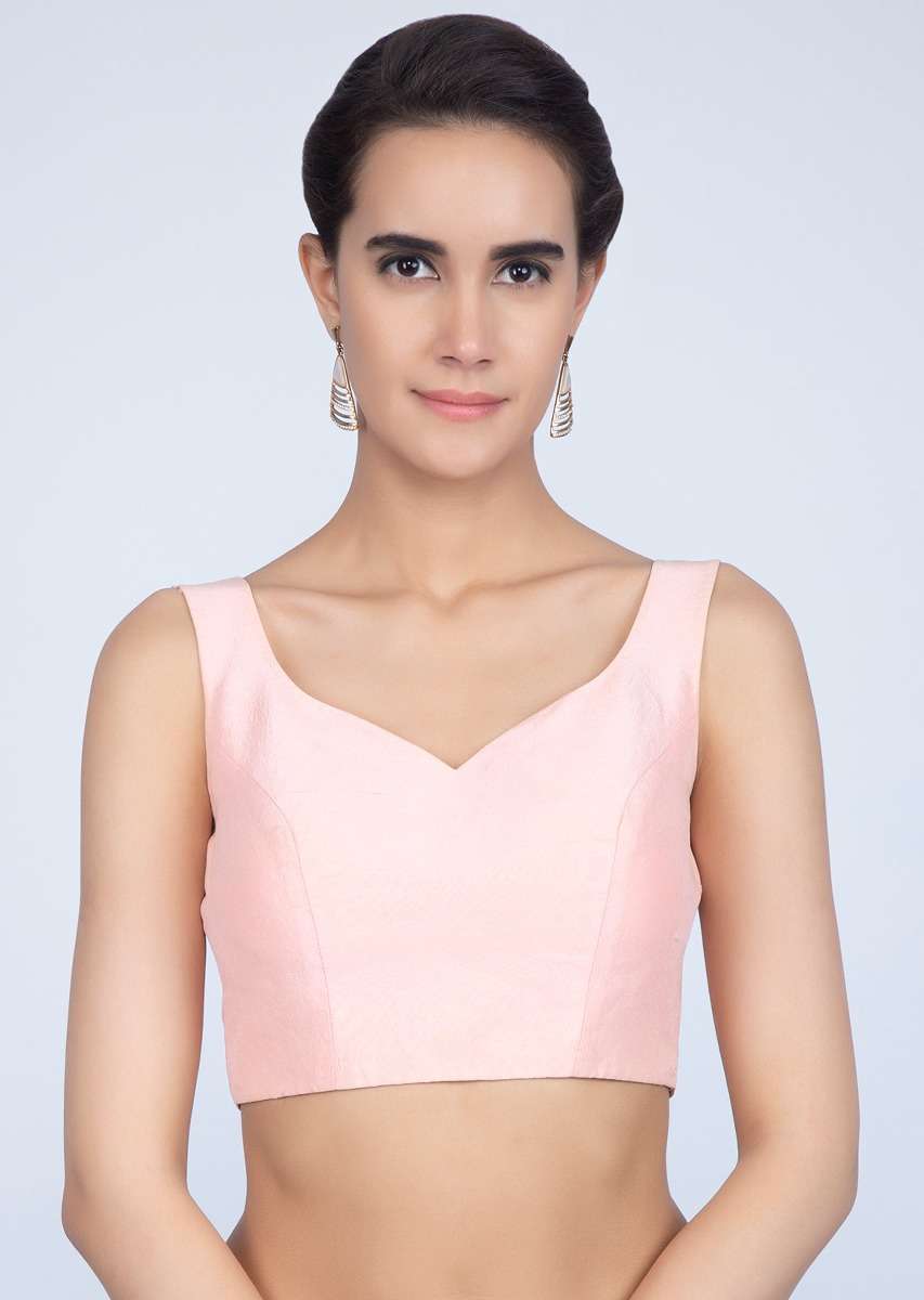 Powder Pink Blouse In Raw Silk With Sweet Heart Neck - Image 5