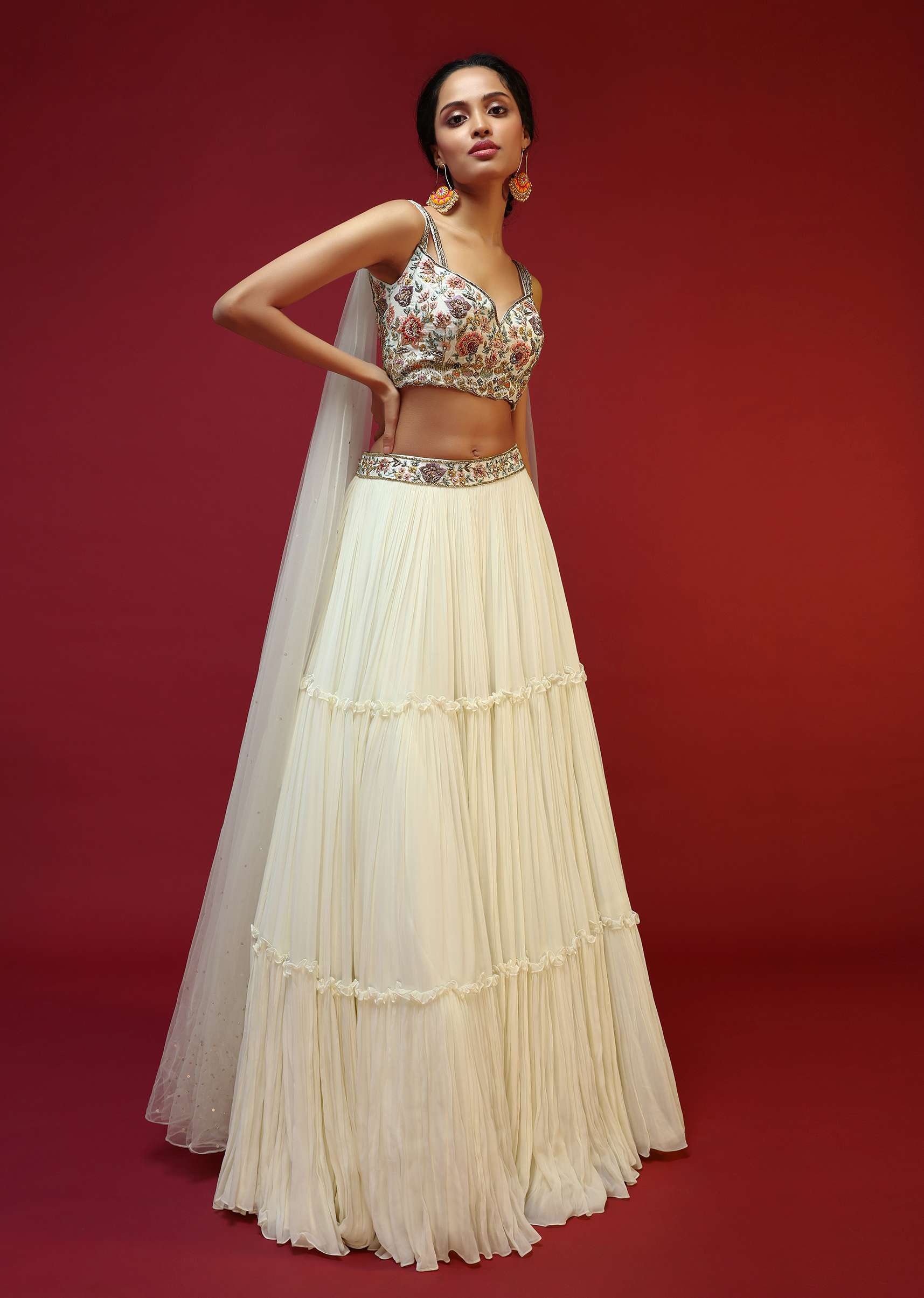 Powder White Lehenga Choli With Attached Cape And Hand Embroidery Using Colorful Resham And Sequins In Floral Motifs - Image 3