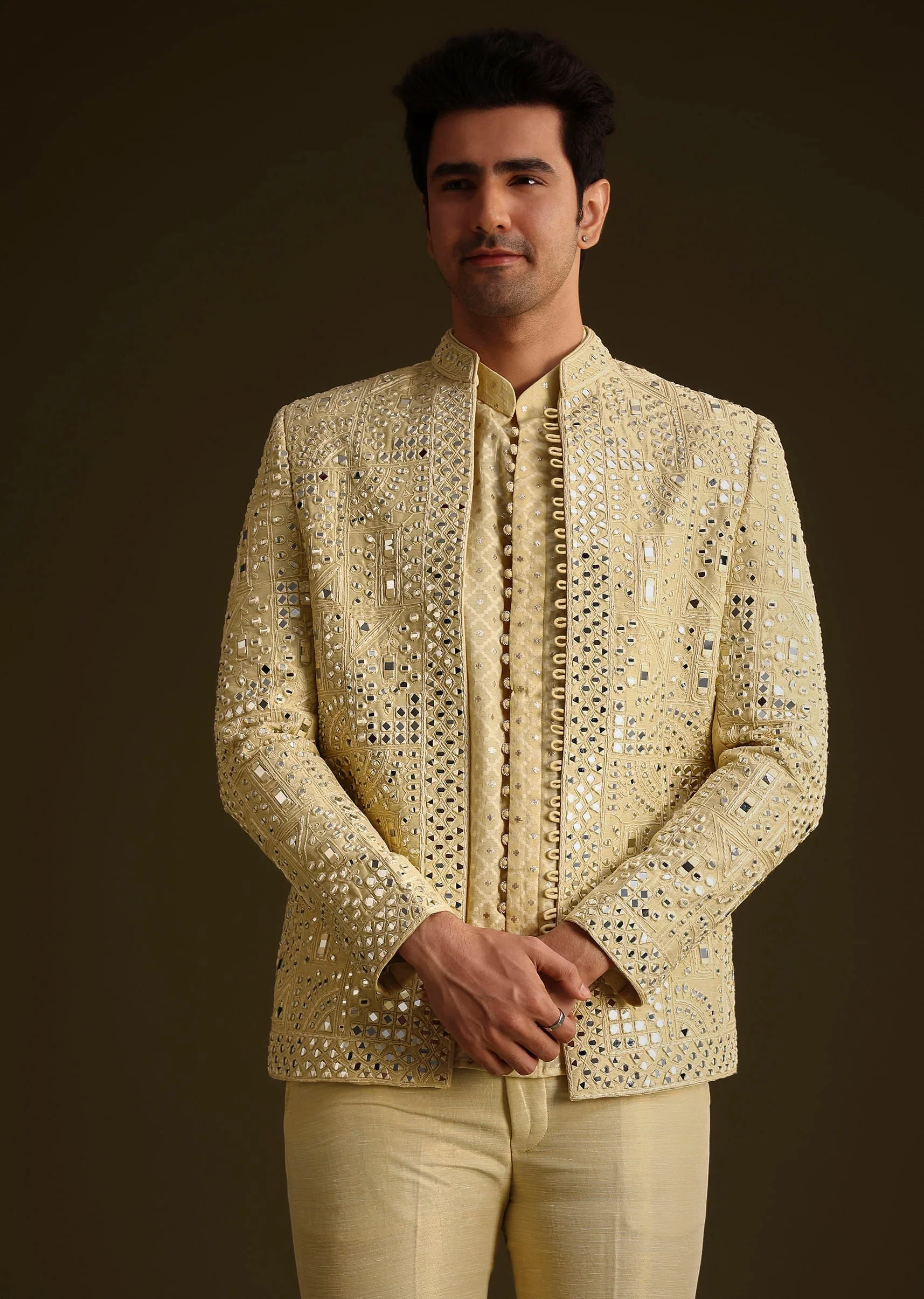 Powder Yellow Silk Mirror Work Indo Jacket Set - Image 2