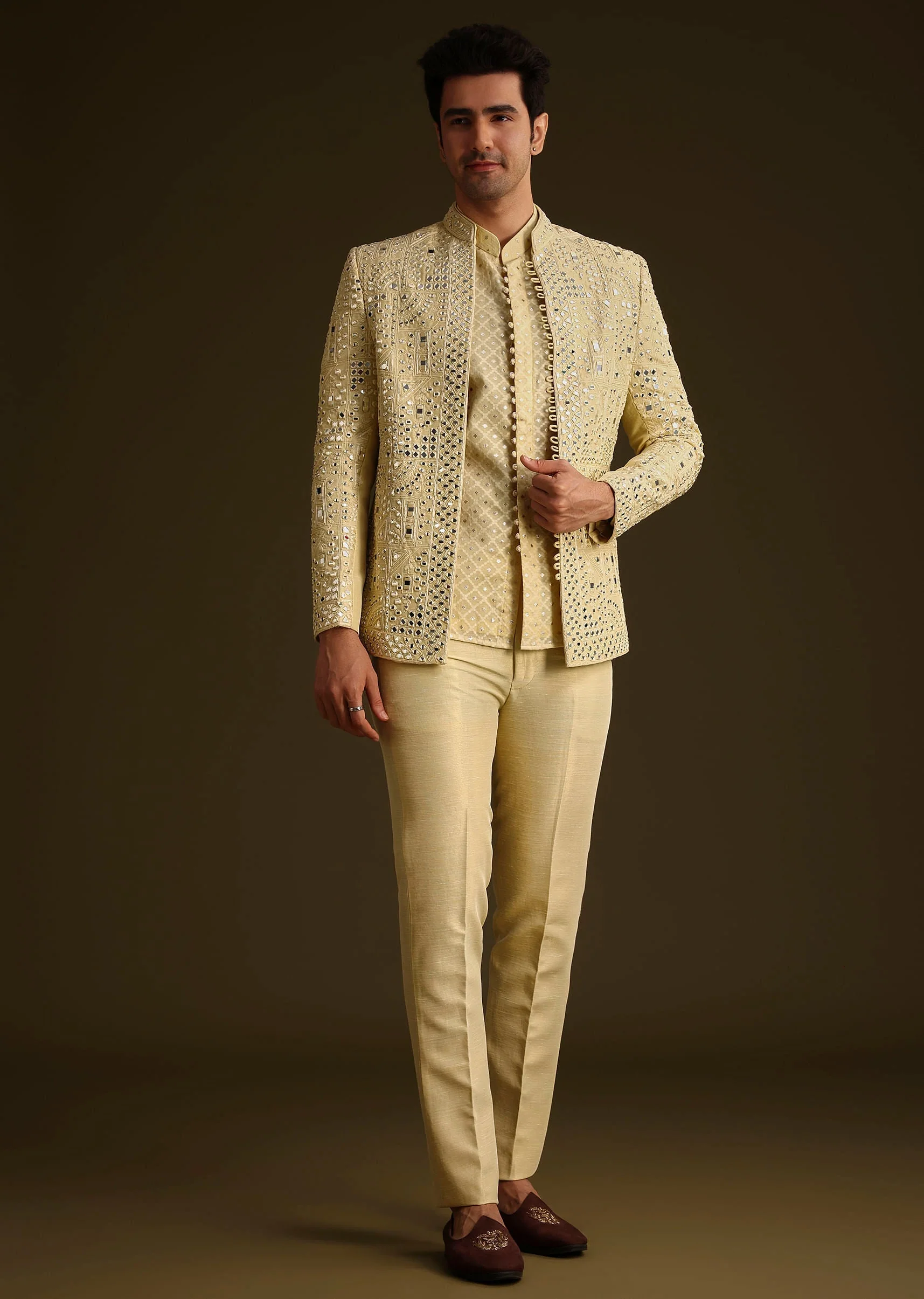 Powder Yellow Silk Mirror Work Indo Jacket Set - Image 3