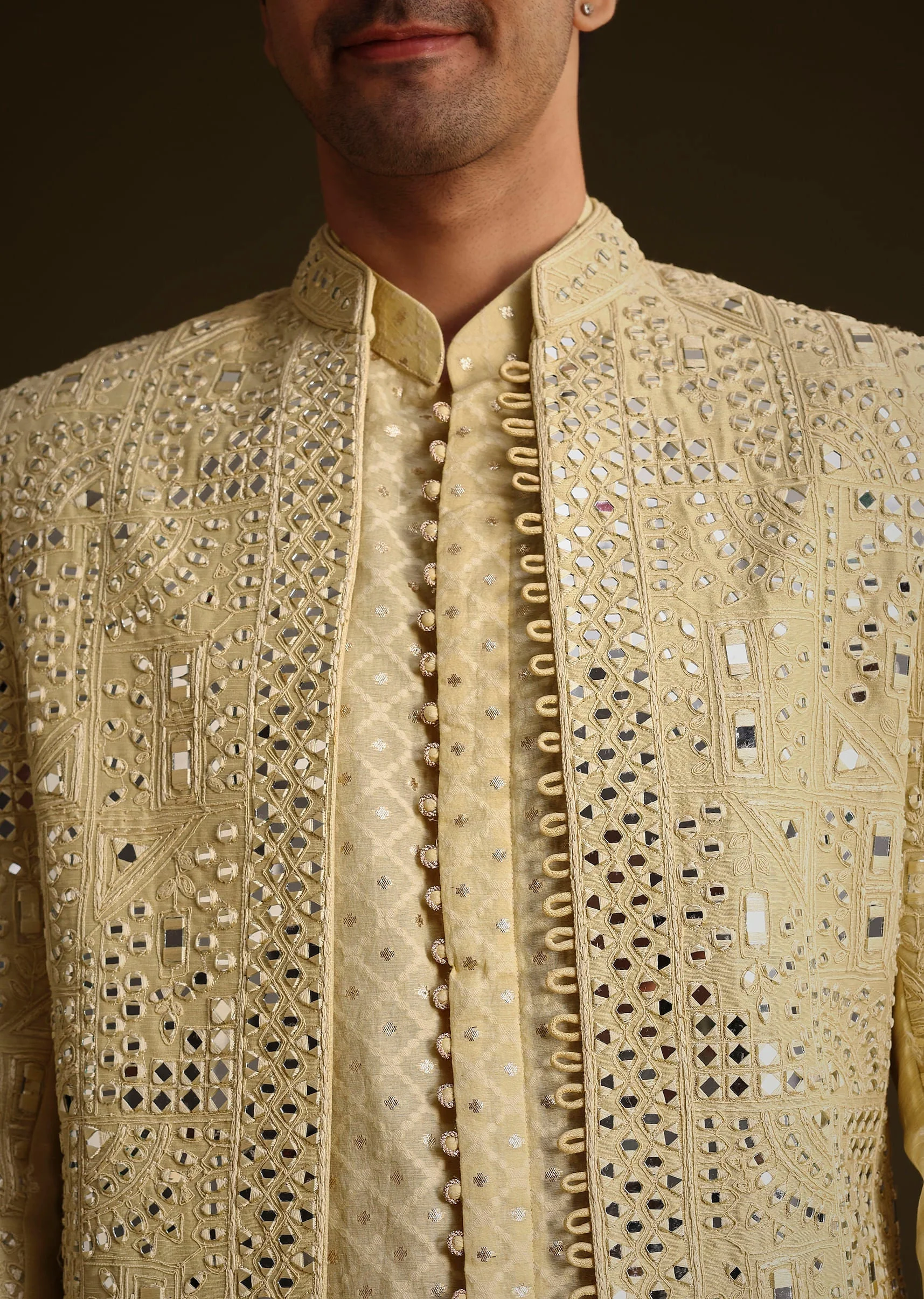 Powder Yellow Silk Mirror Work Indo Jacket Set - Image 4
