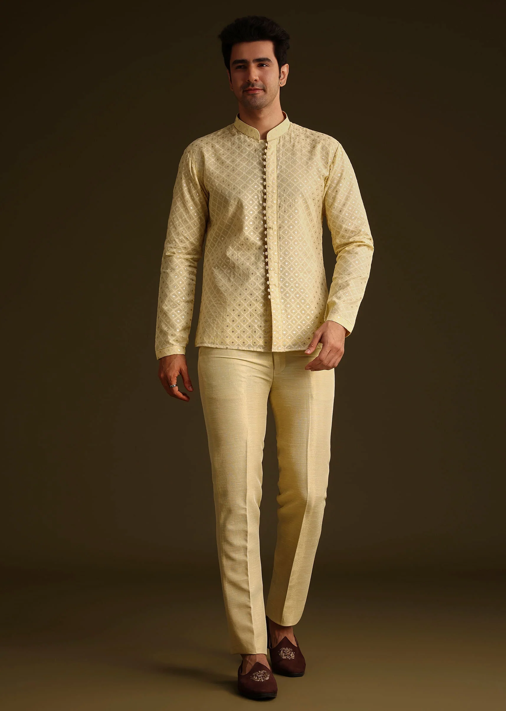 Powder Yellow Silk Mirror Work Indo Jacket Set - Image 5