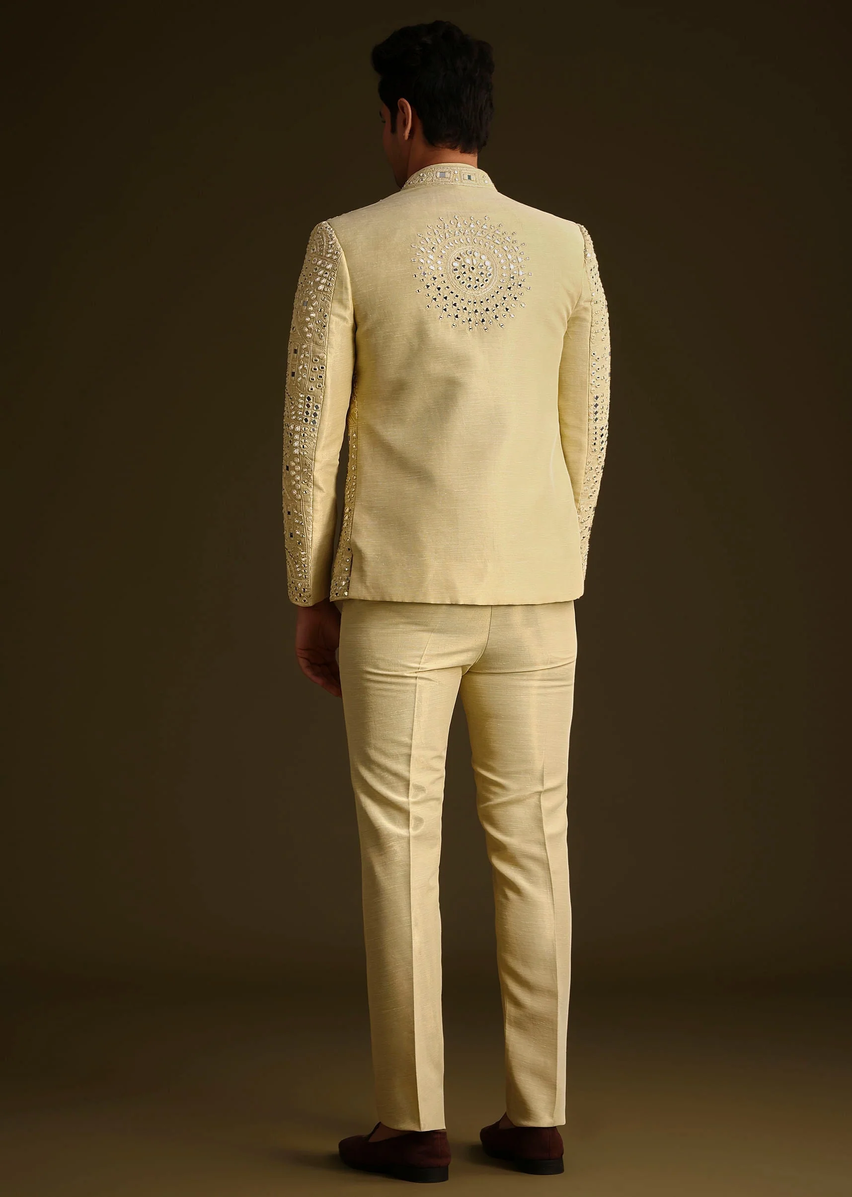 Powder Yellow Silk Mirror Work Indo Jacket Set - Image 6
