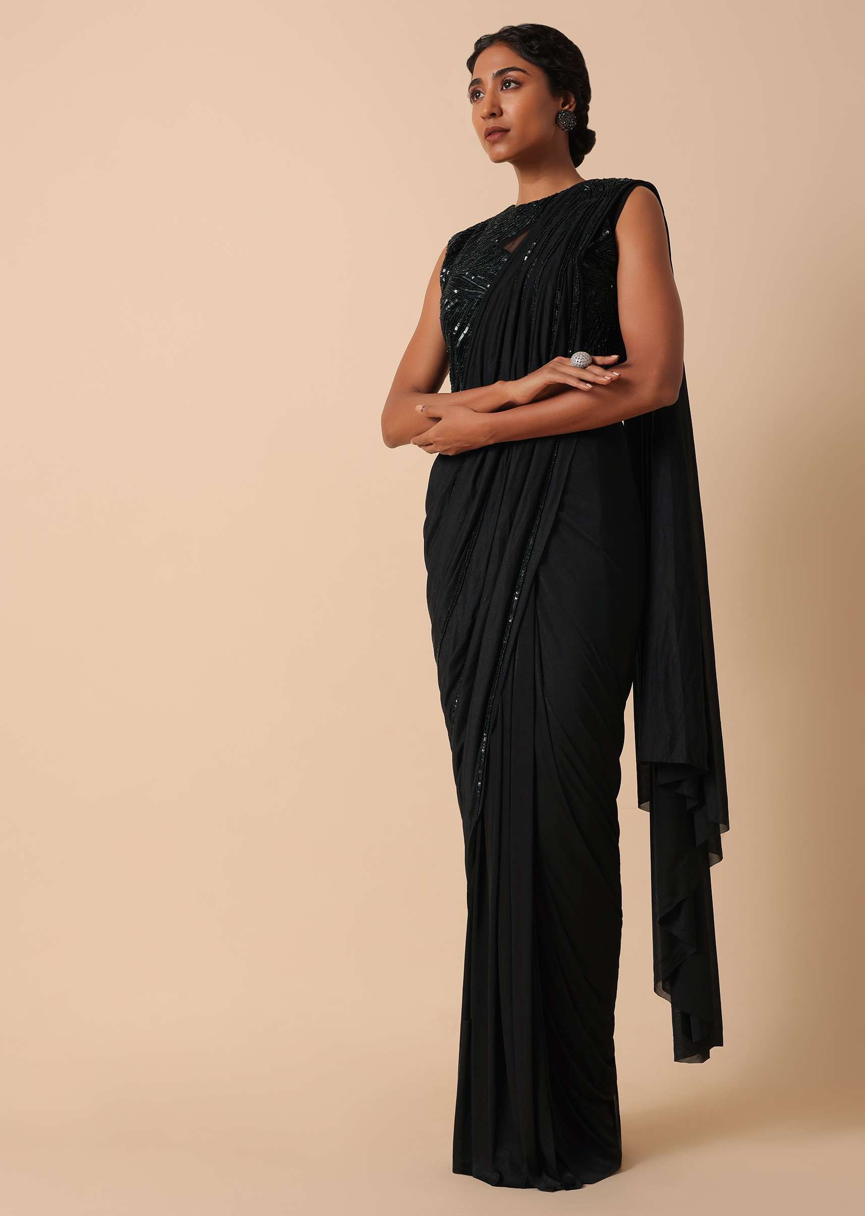 Pre Stitched Black Saree With Cut Dana Embellishments - Image 3