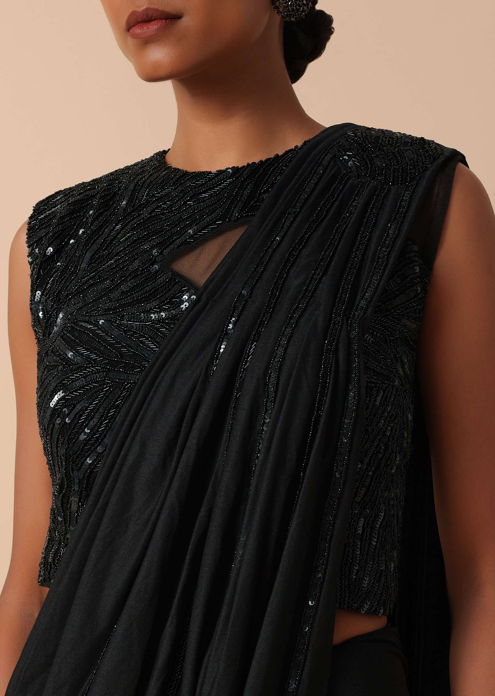 Pre Stitched Black Saree With Cut Dana Embellishments - Image 4