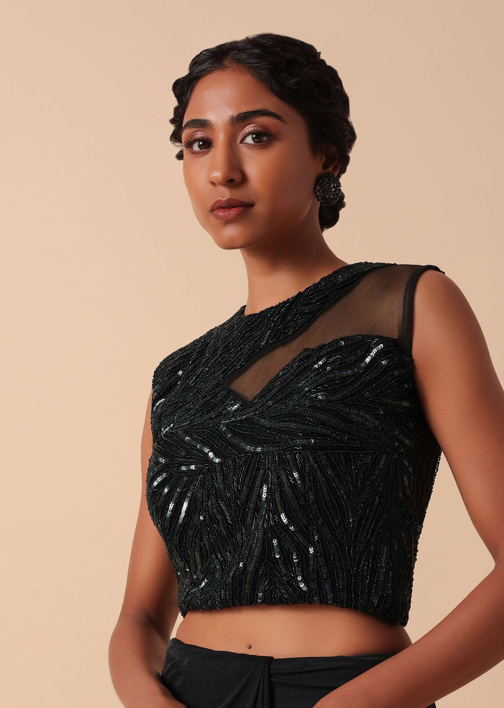 Pre Stitched Black Saree With Cut Dana Embellishments - Image 6