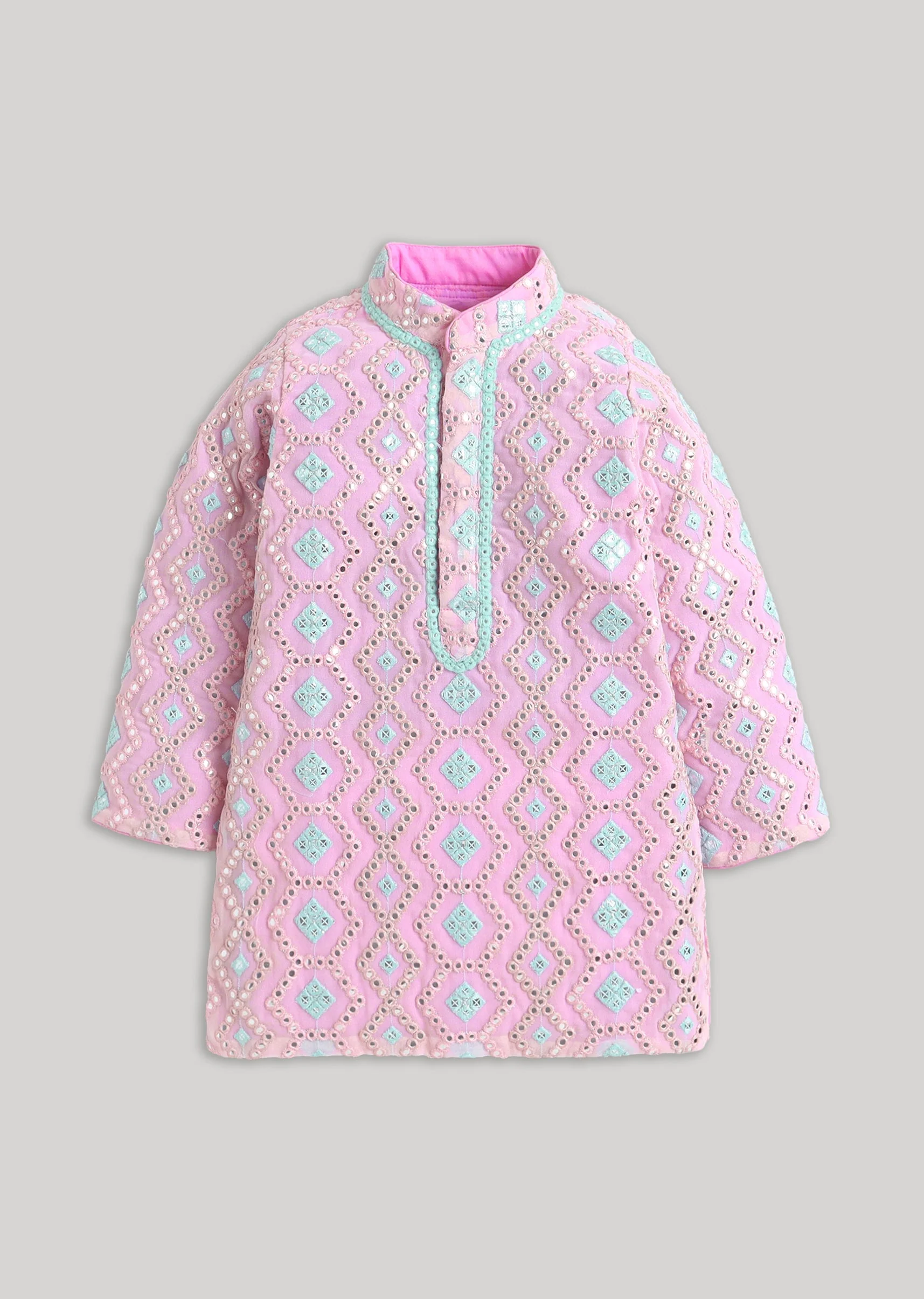 Premium Pink Blue Kurta Set With Embroidery And Mirror Detailing - Image 2