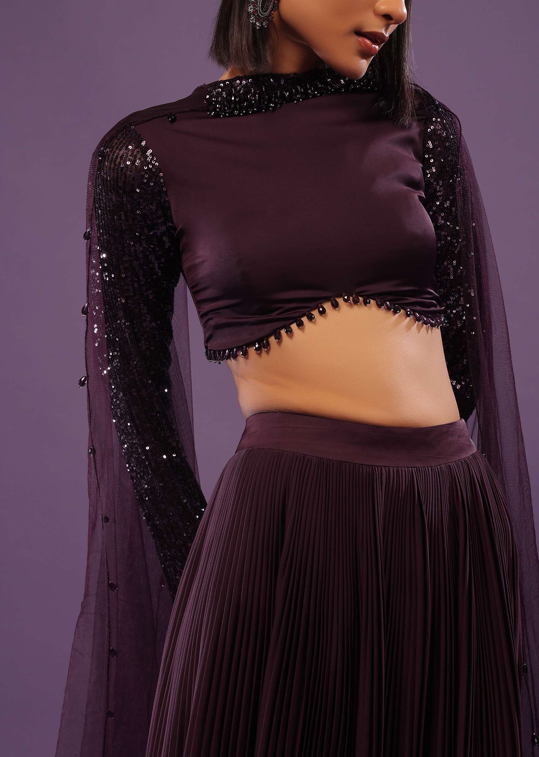 Wine Purple Embroidered Lehenga Set In Satin - Image 2