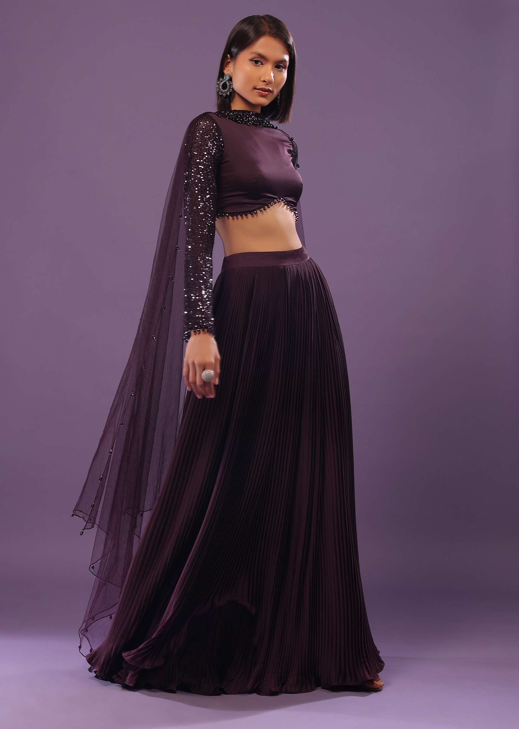 Wine Purple Embroidered Lehenga Set In Satin - Image 3