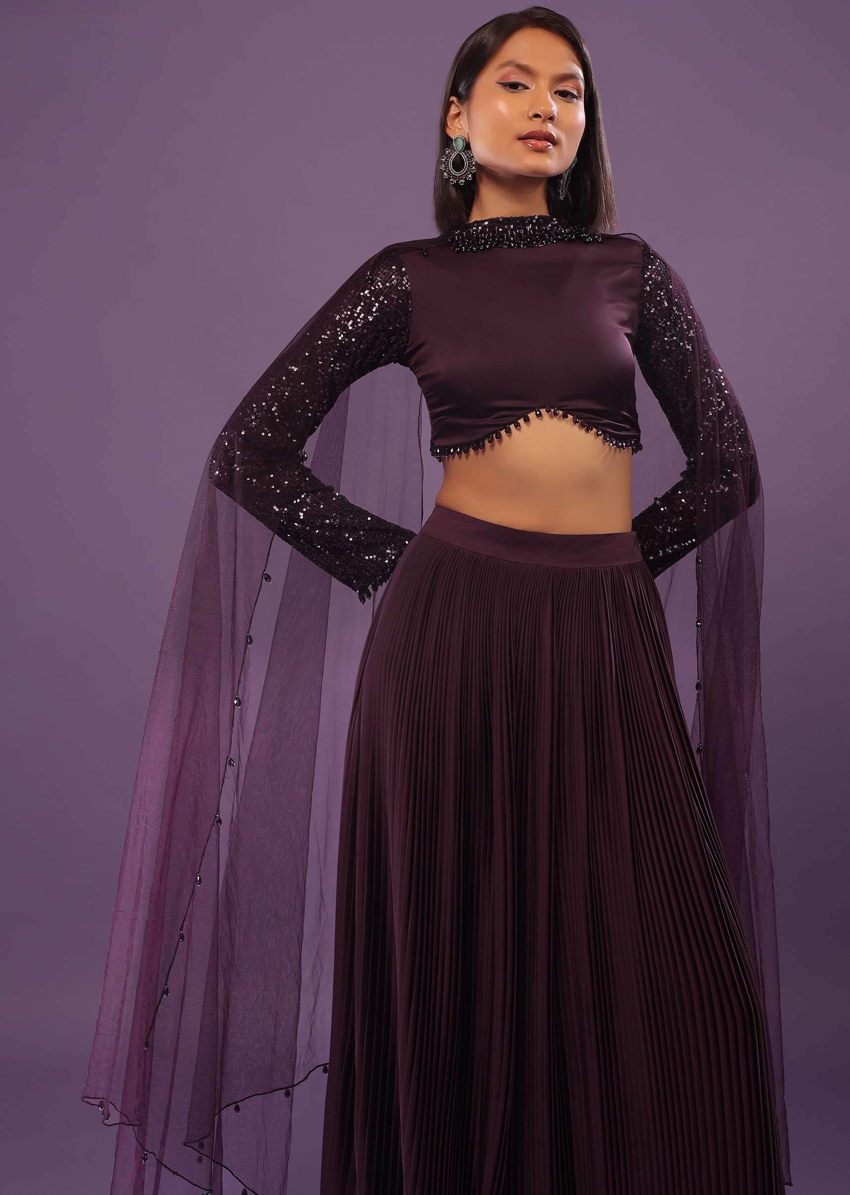 Wine Purple Embroidered Lehenga Set In Satin - Image 4