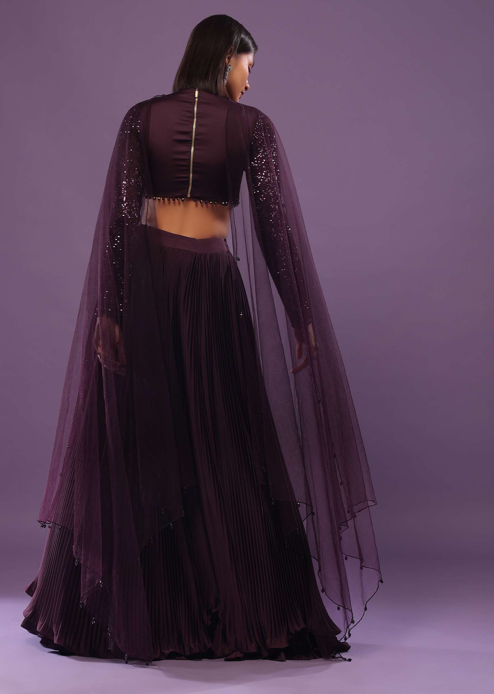 Wine Purple Embroidered Lehenga Set In Satin - Image 5