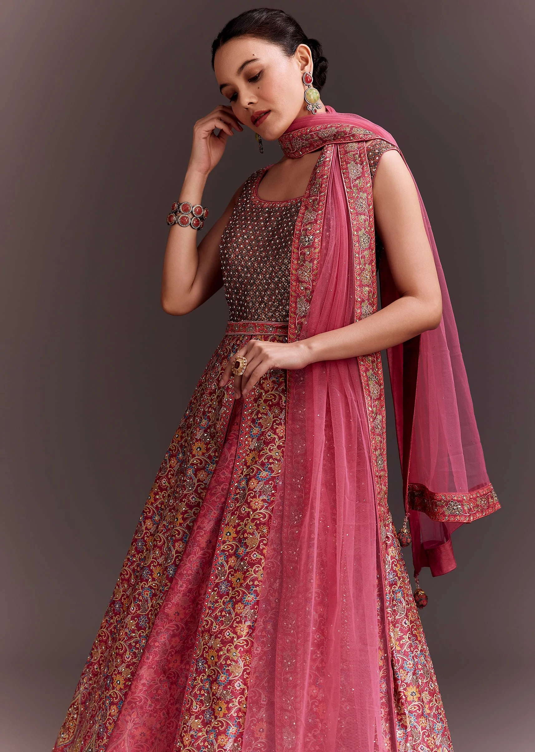 Punch Pink Embroidered Anarkali With Net Dupatta - Image 4