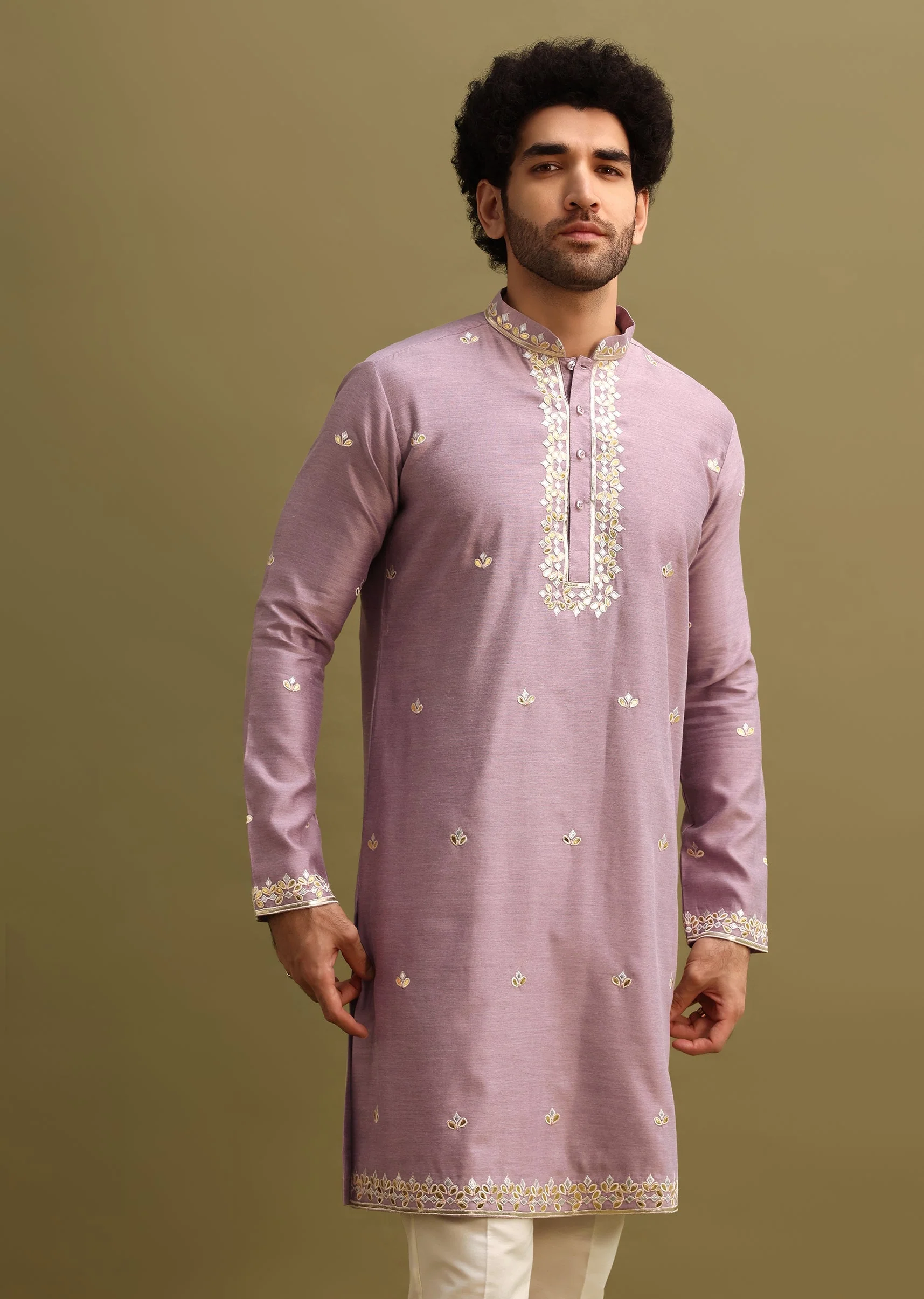 Purple Abla Work Kurta Set For Men - Image 3