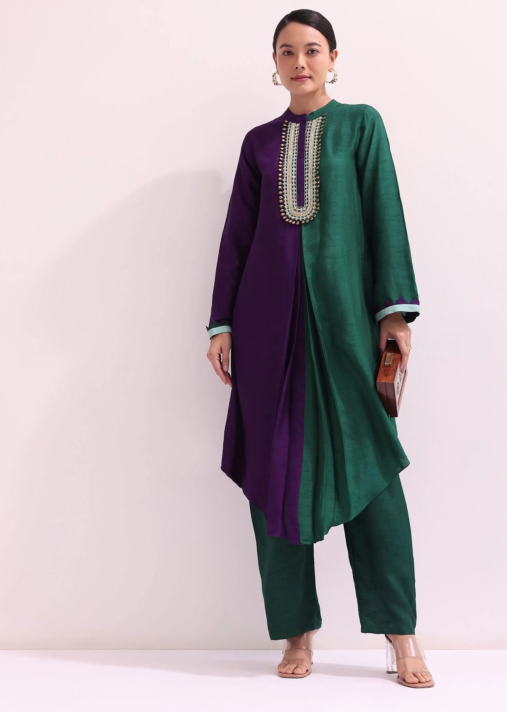 Purple And Green Embroidered Kurta And Pant - Image 6