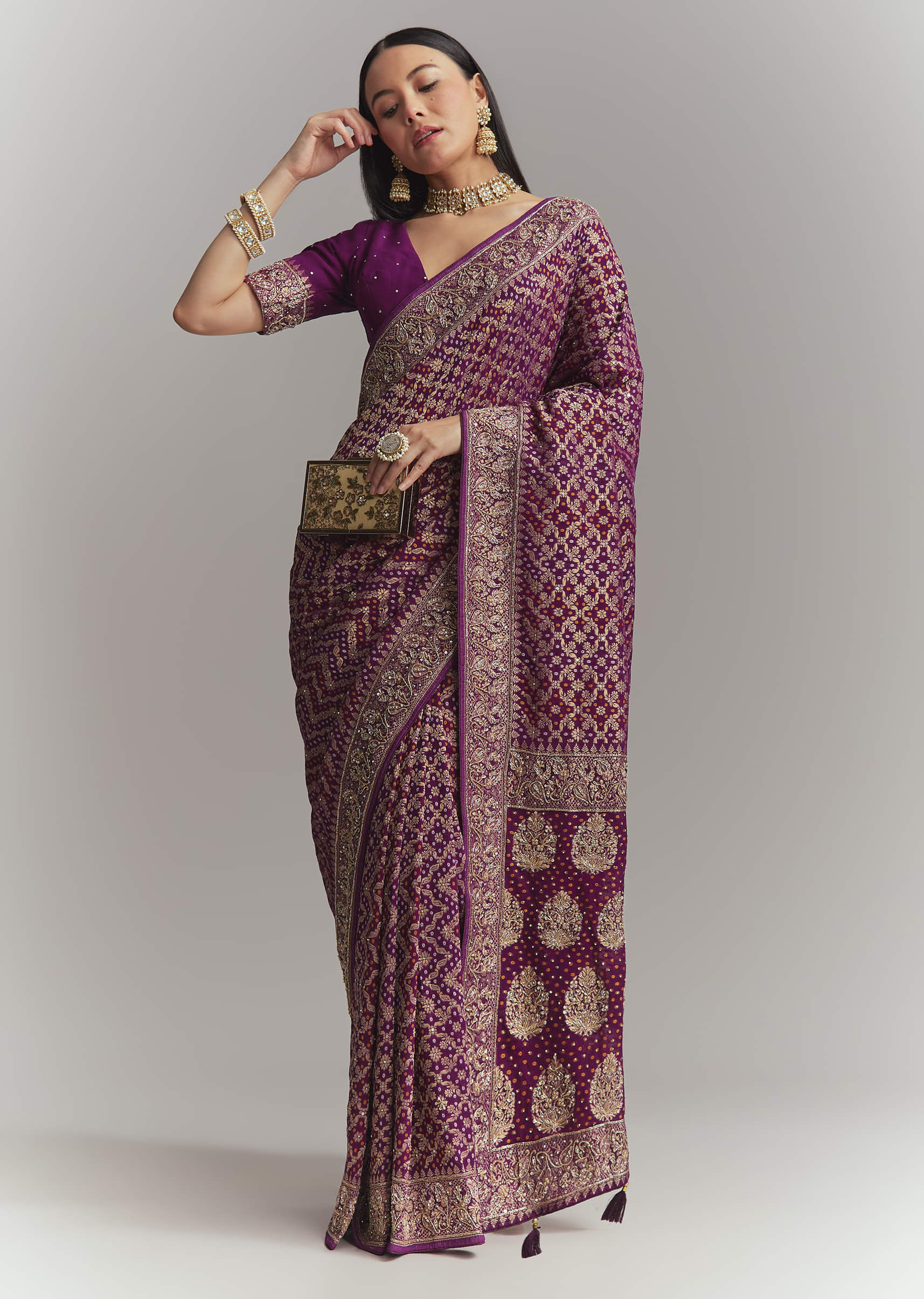 Purple Banarasi Georgette Embroidered Saree With Heavy Hand Embroidery - Image 10
