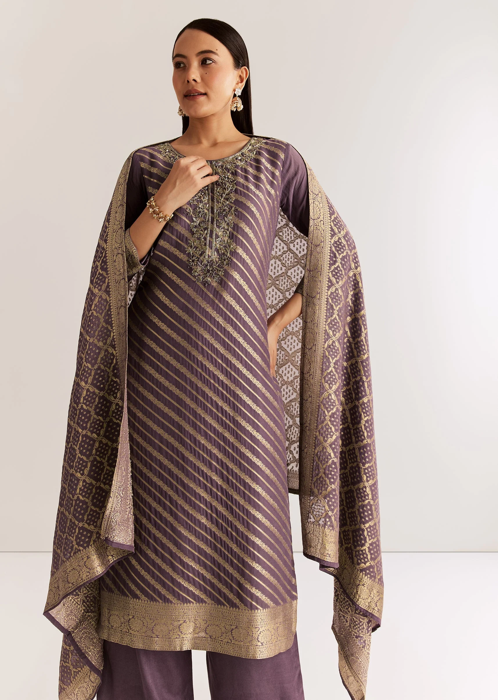 Purple Banarasi Georgette Kurta Set With Zardosi And Cutdana Work - Image 3