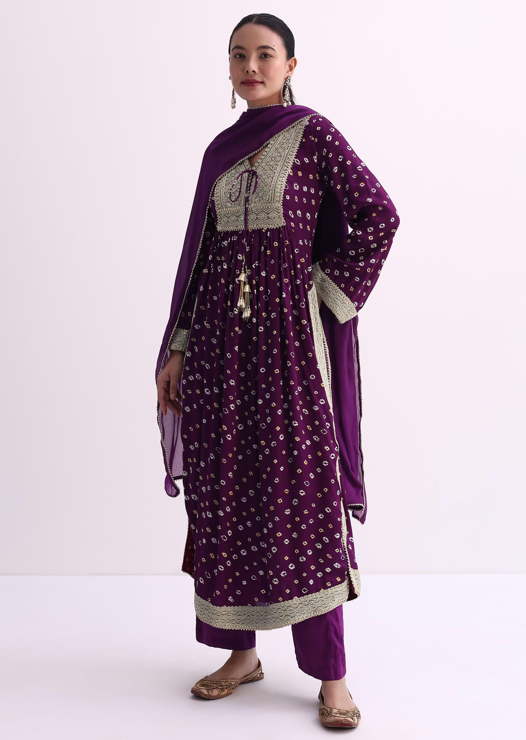 Purple Bandhani Print Kurti Pant Set With Dupatta - Image 3