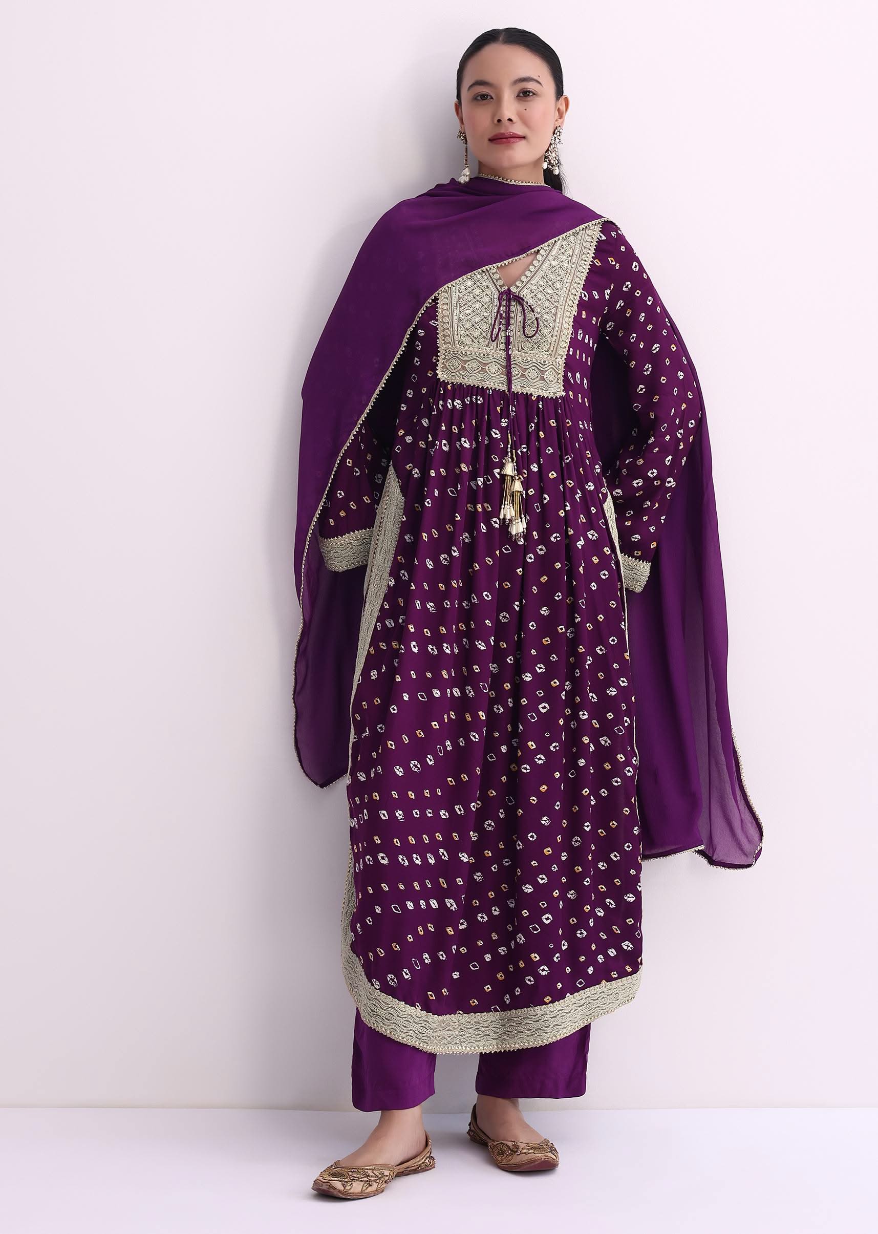 Purple Bandhani Print Kurti Pant Set With Dupatta - Image 5