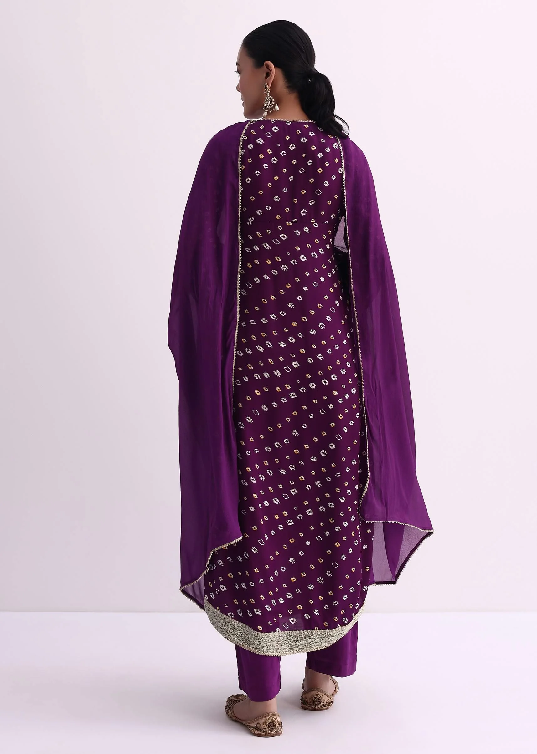 Purple Bandhani Print Kurti Pant Set With Dupatta - Image 6