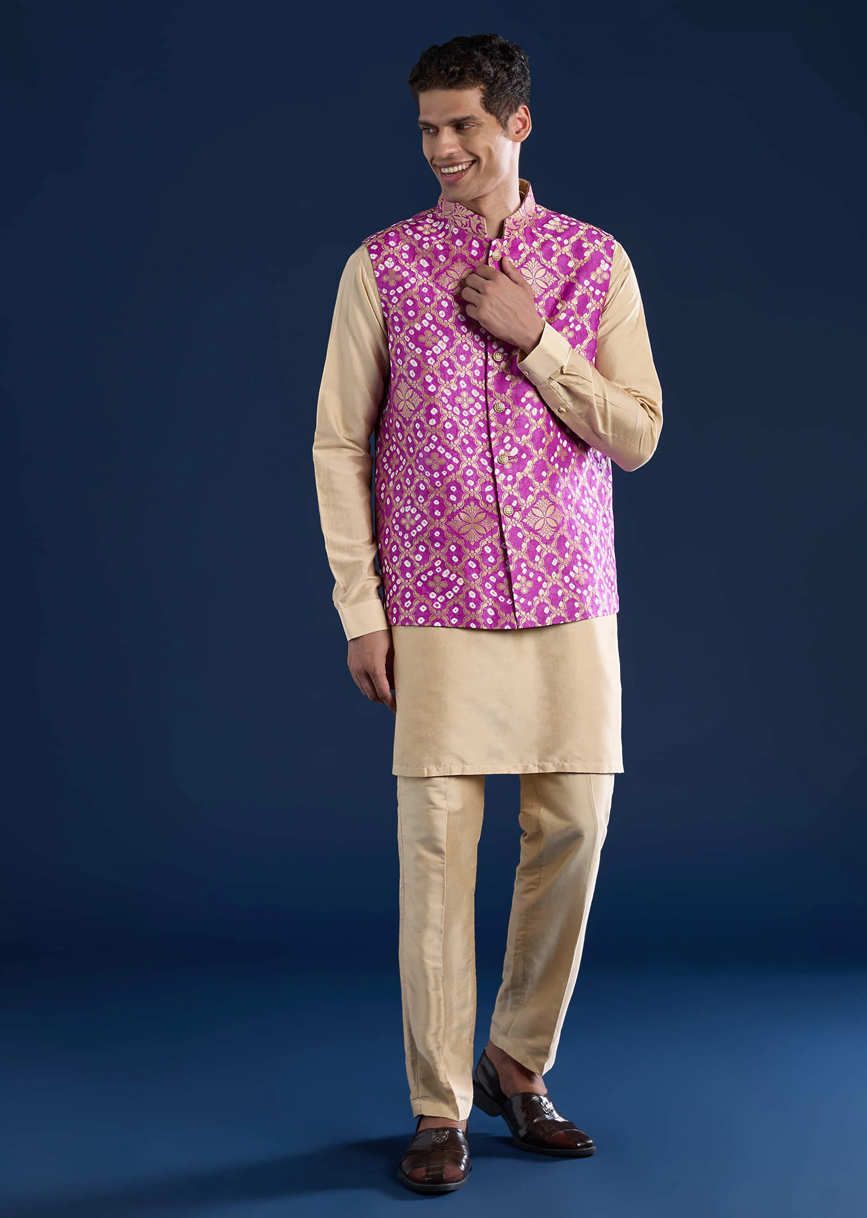 Purple Bandhani Silk Mens Jacket Kurta Set - Image 3