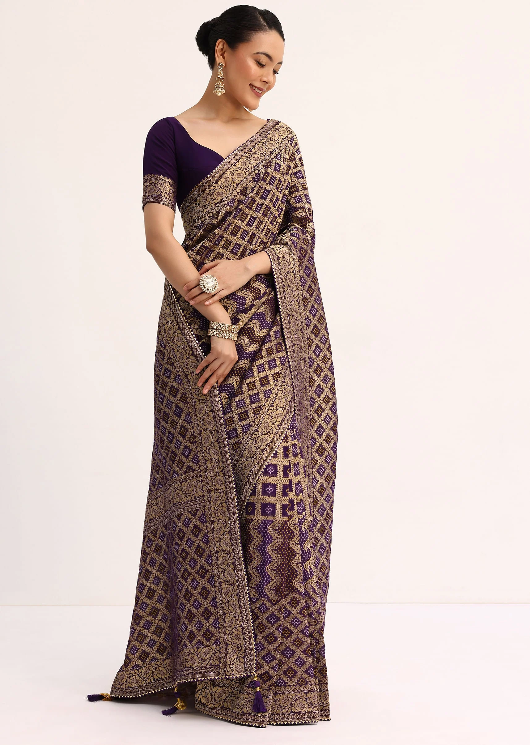 Purple Bandhani Tie Dye Ready To Wear Saree With Zari Jaal And Unstitched Blouse