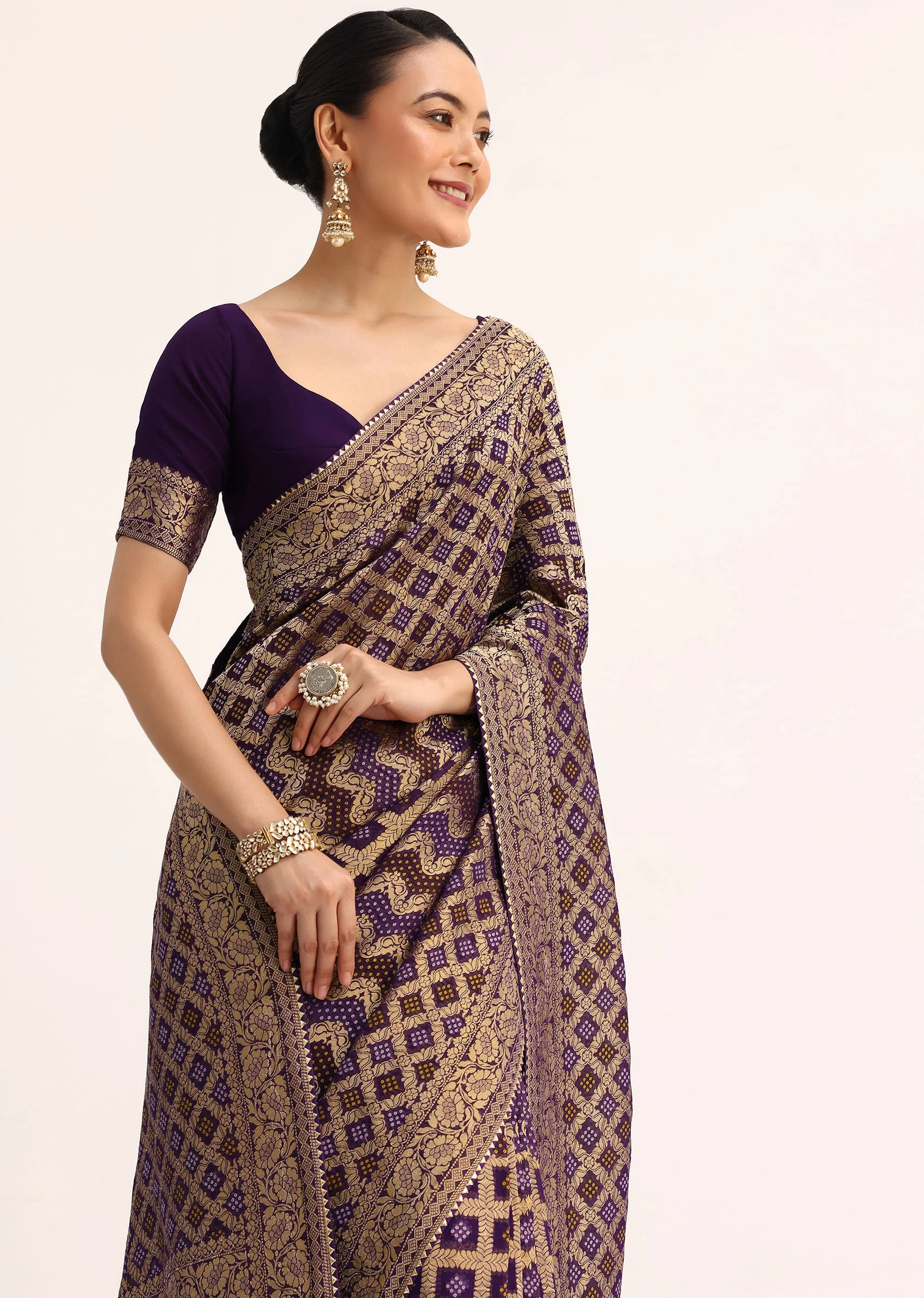 Purple Bandhani Tie Dye Ready To Wear Saree With Zari Jaal And Unstitched Blouse - Image 2
