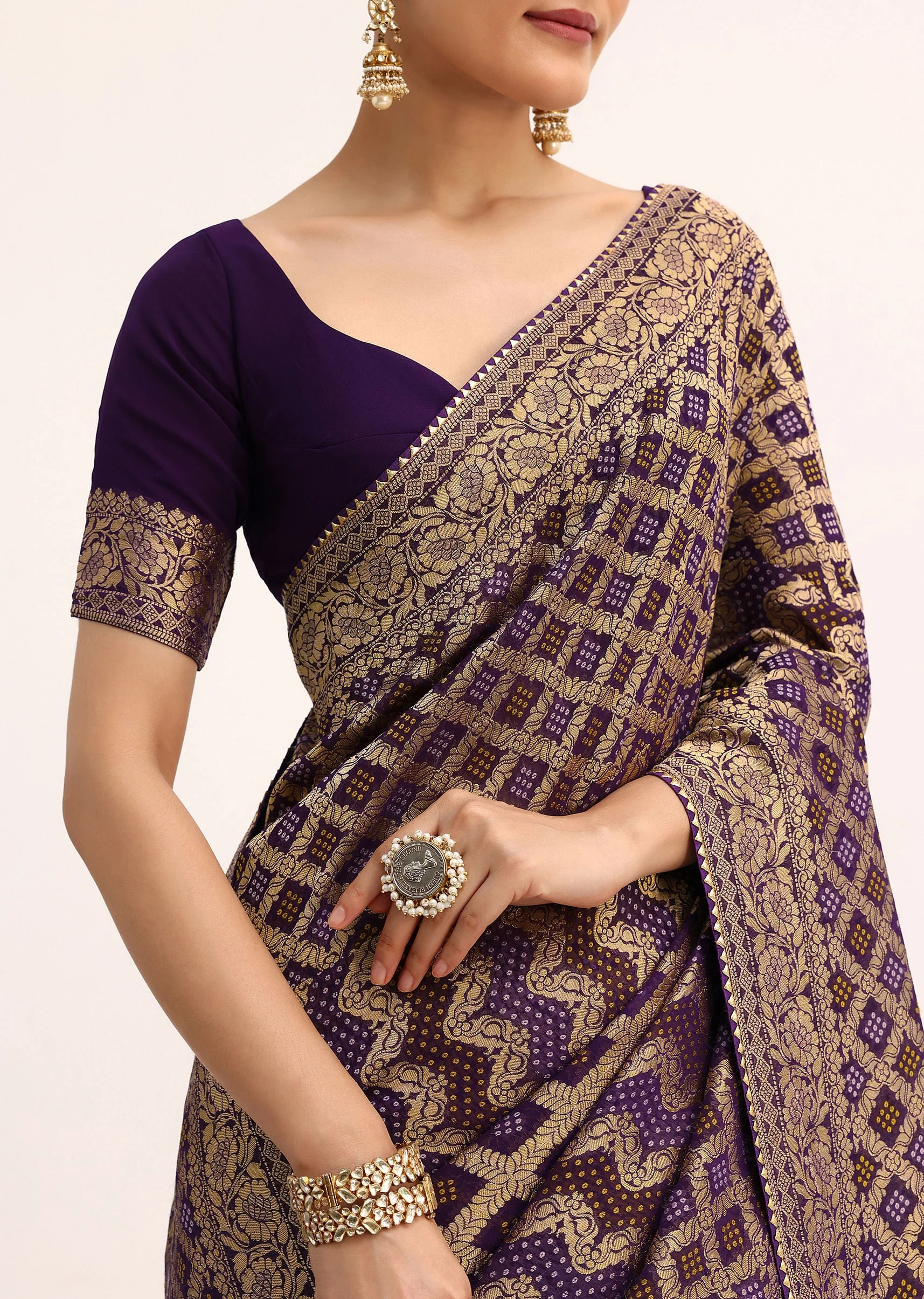 Purple Bandhani Tie Dye Ready To Wear Saree With Zari Jaal And Unstitched Blouse - Image 5