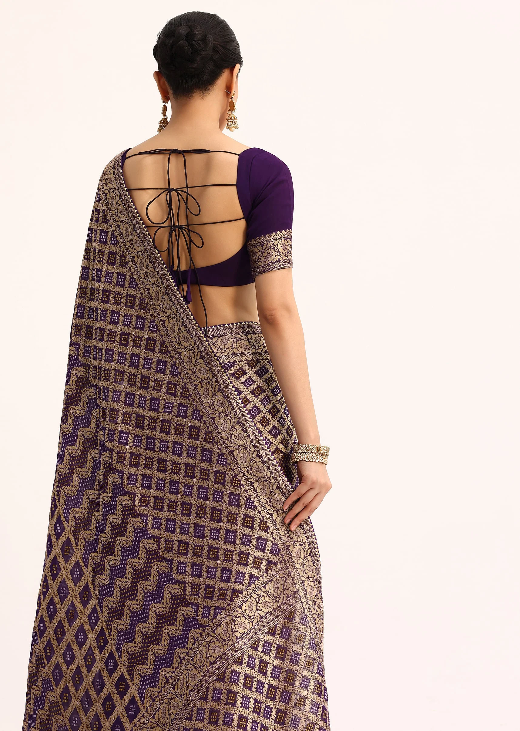 Purple Bandhani Tie Dye Ready To Wear Saree With Zari Jaal And Unstitched Blouse - Image 6