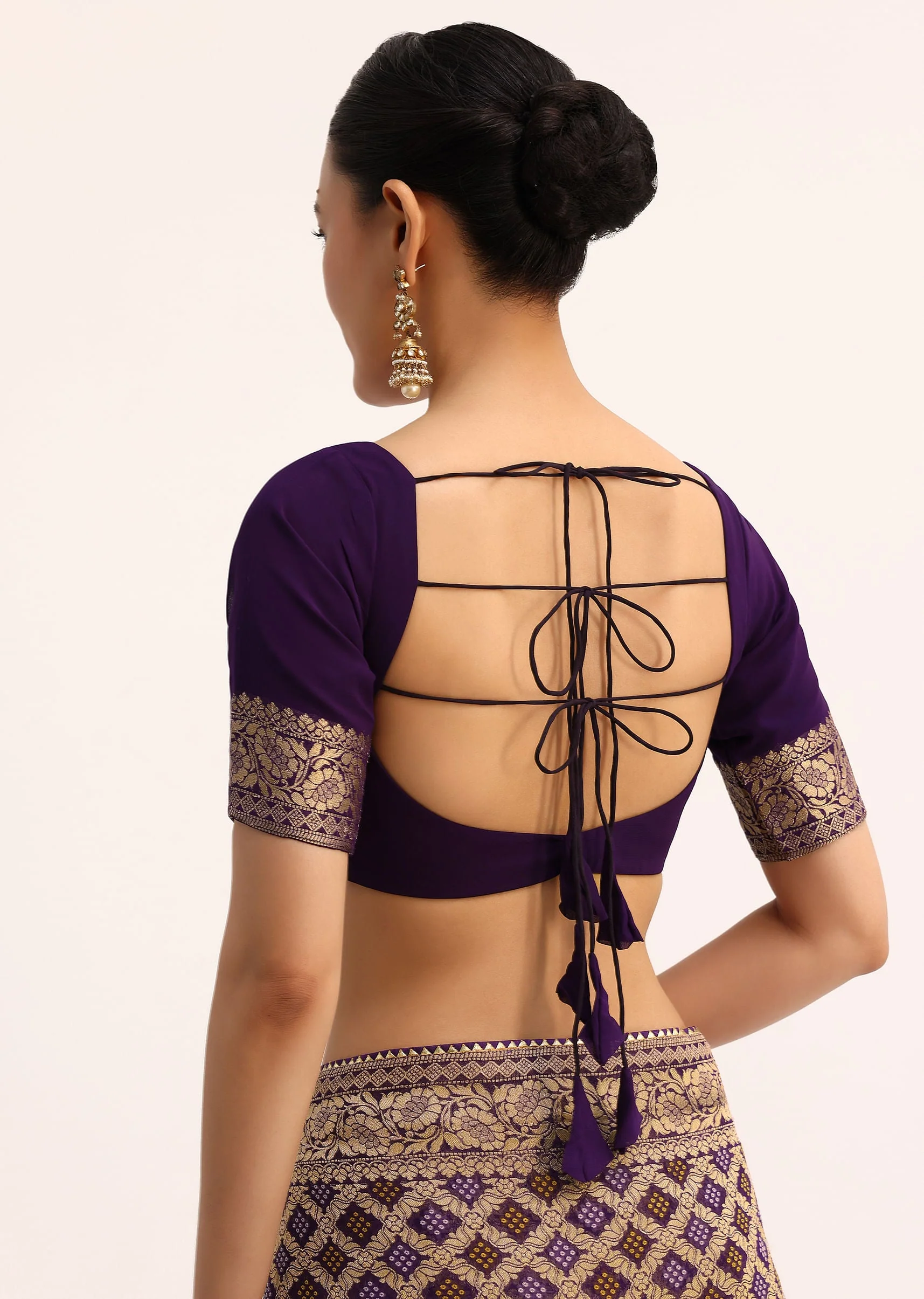 Purple Bandhani Tie Dye Ready To Wear Saree With Zari Jaal And Unstitched Blouse - Image 8