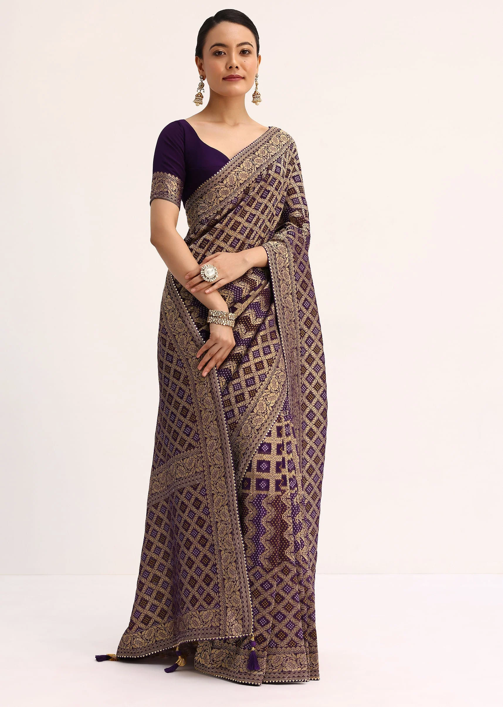 Purple Bandhani Tie Dye Saree With Zari Jaal And Unstitched Blouse - Image 3