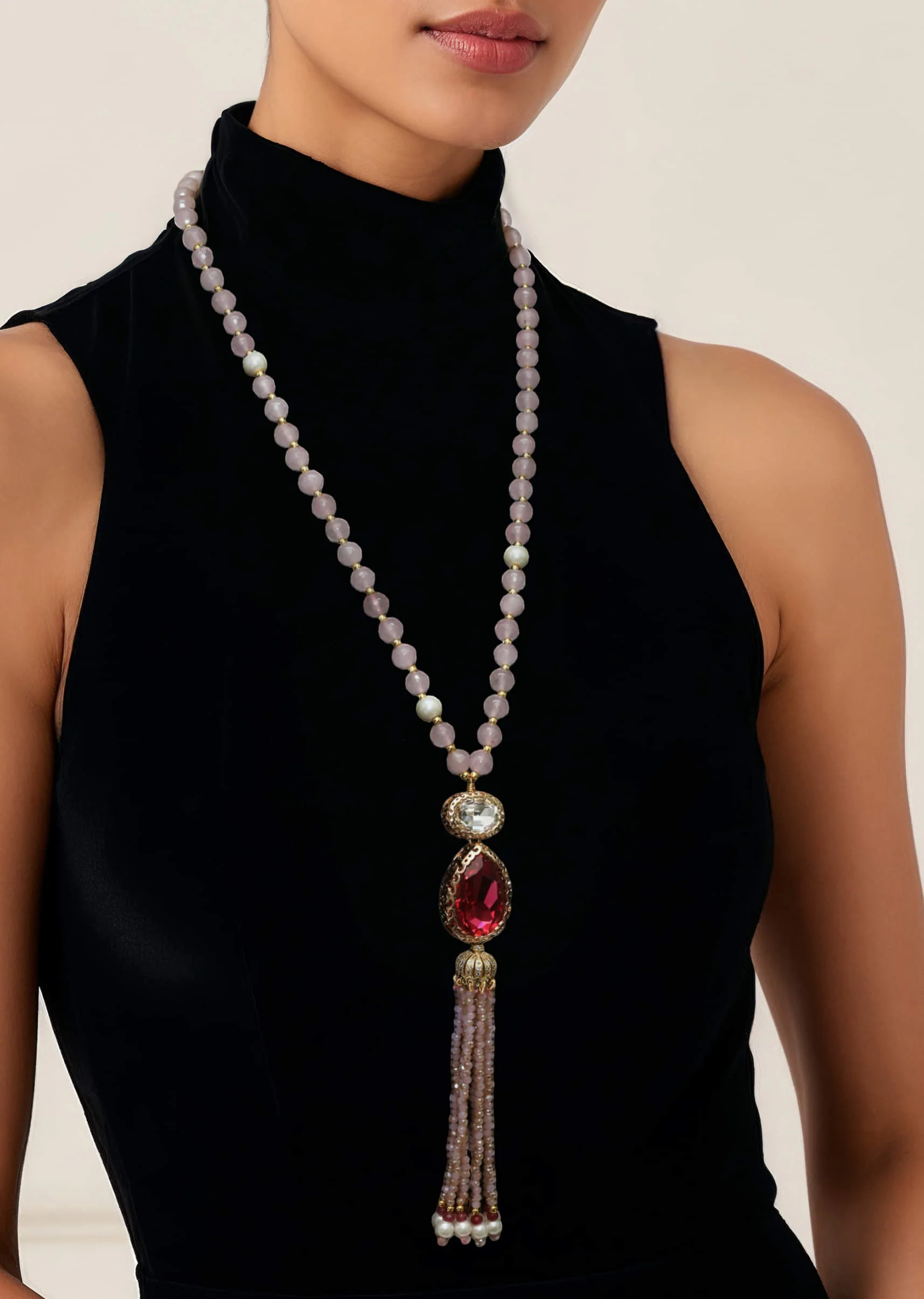 Purple Beaded Fusion Pendant Long Tassel Necklace