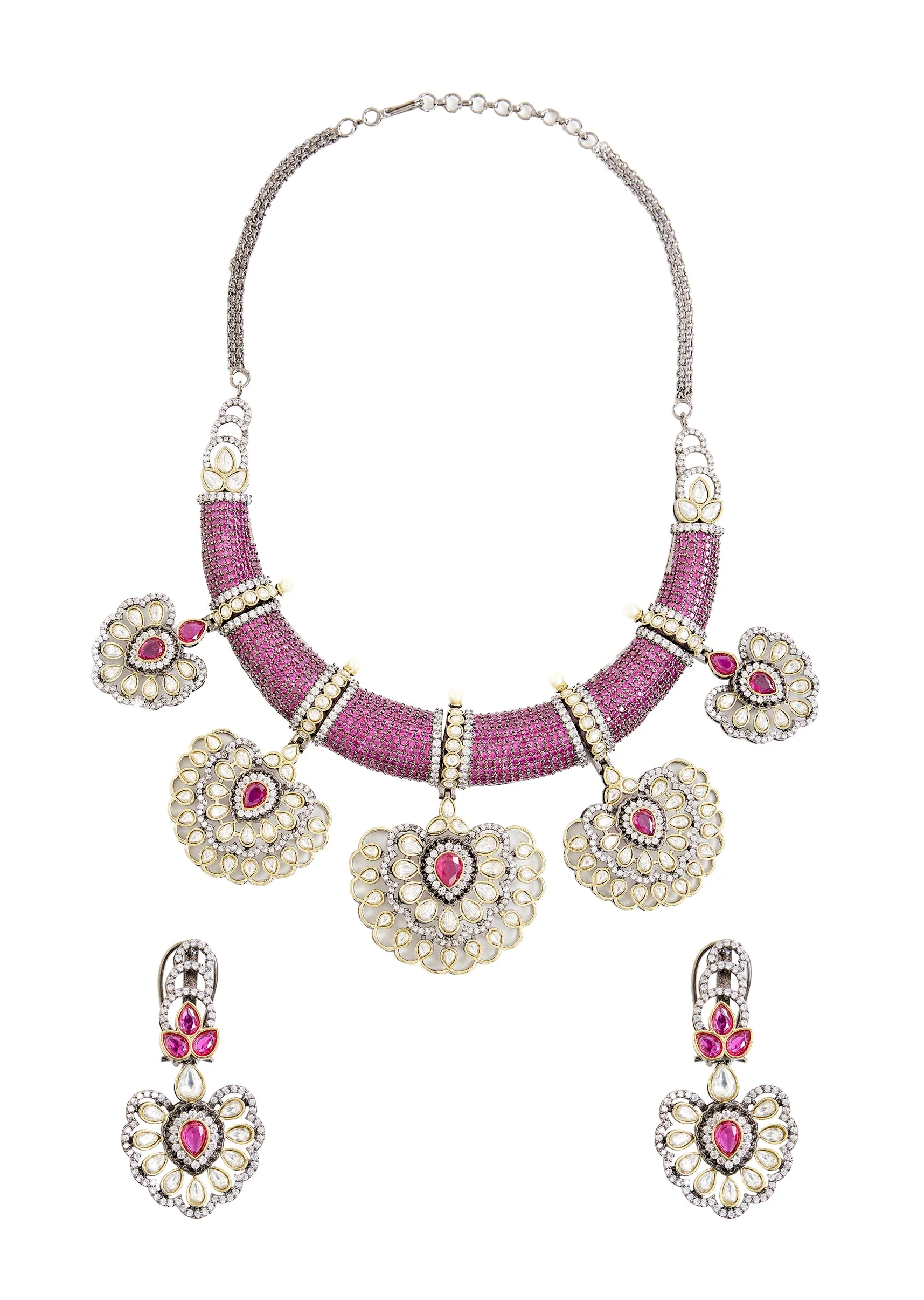 Purple Beaded Kundan Style Necklace And Earring Set - Image 2