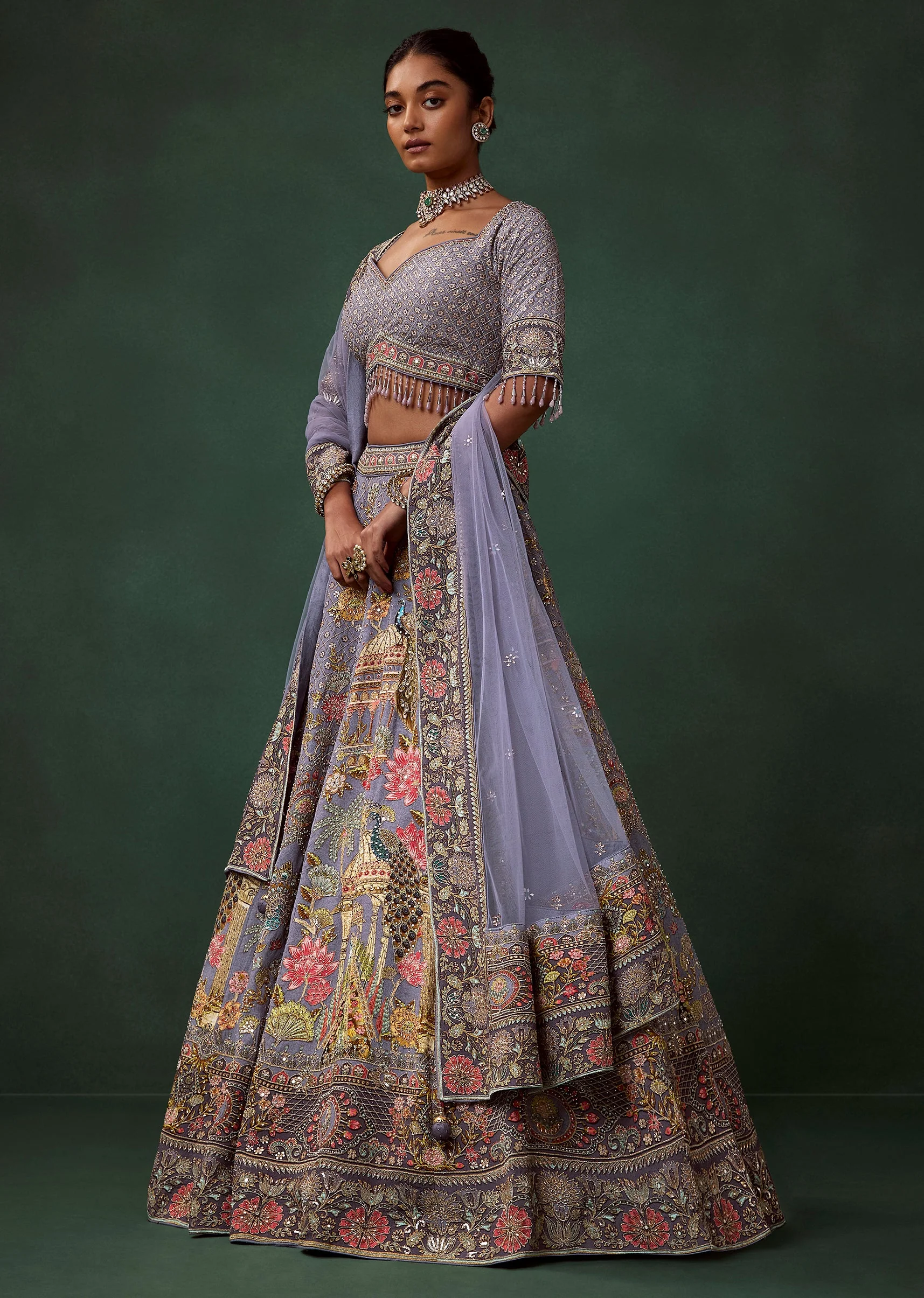Purple Bird Motif Printed Kali Bridal Lehenga Set with Heavy Embroidery - Image 4