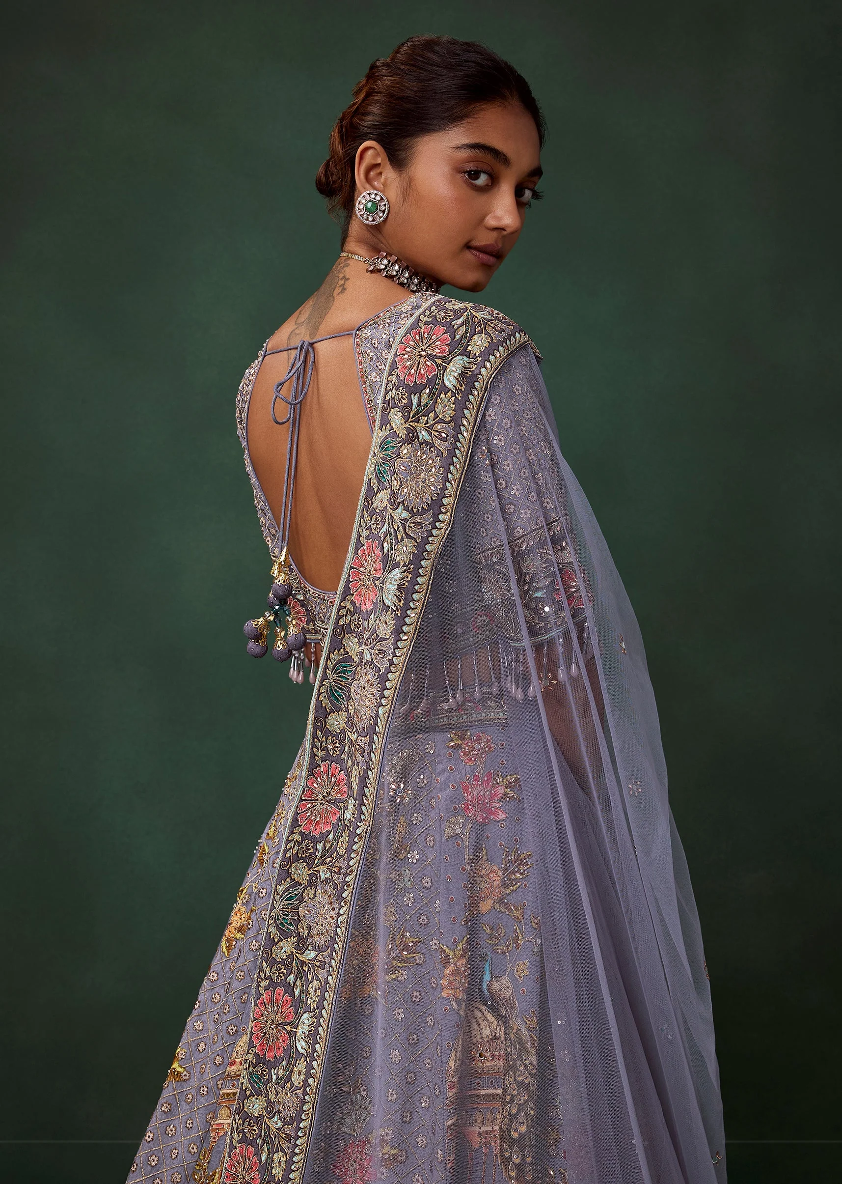 Purple Bird Motif Printed Kali Bridal Lehenga Set with Heavy Embroidery - Image 6