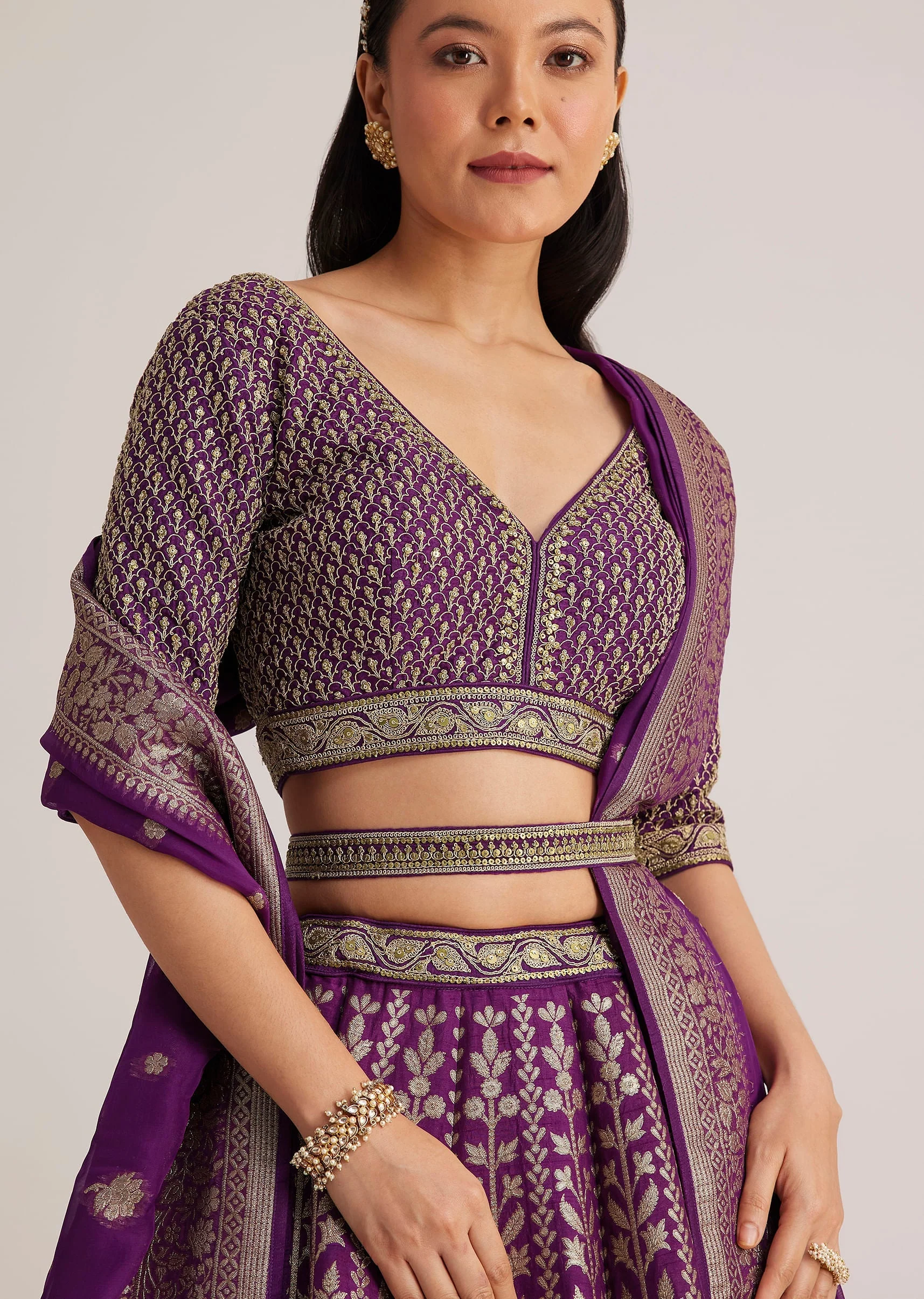 Purple Brocade Embroidered Lehenga Set - Image 3