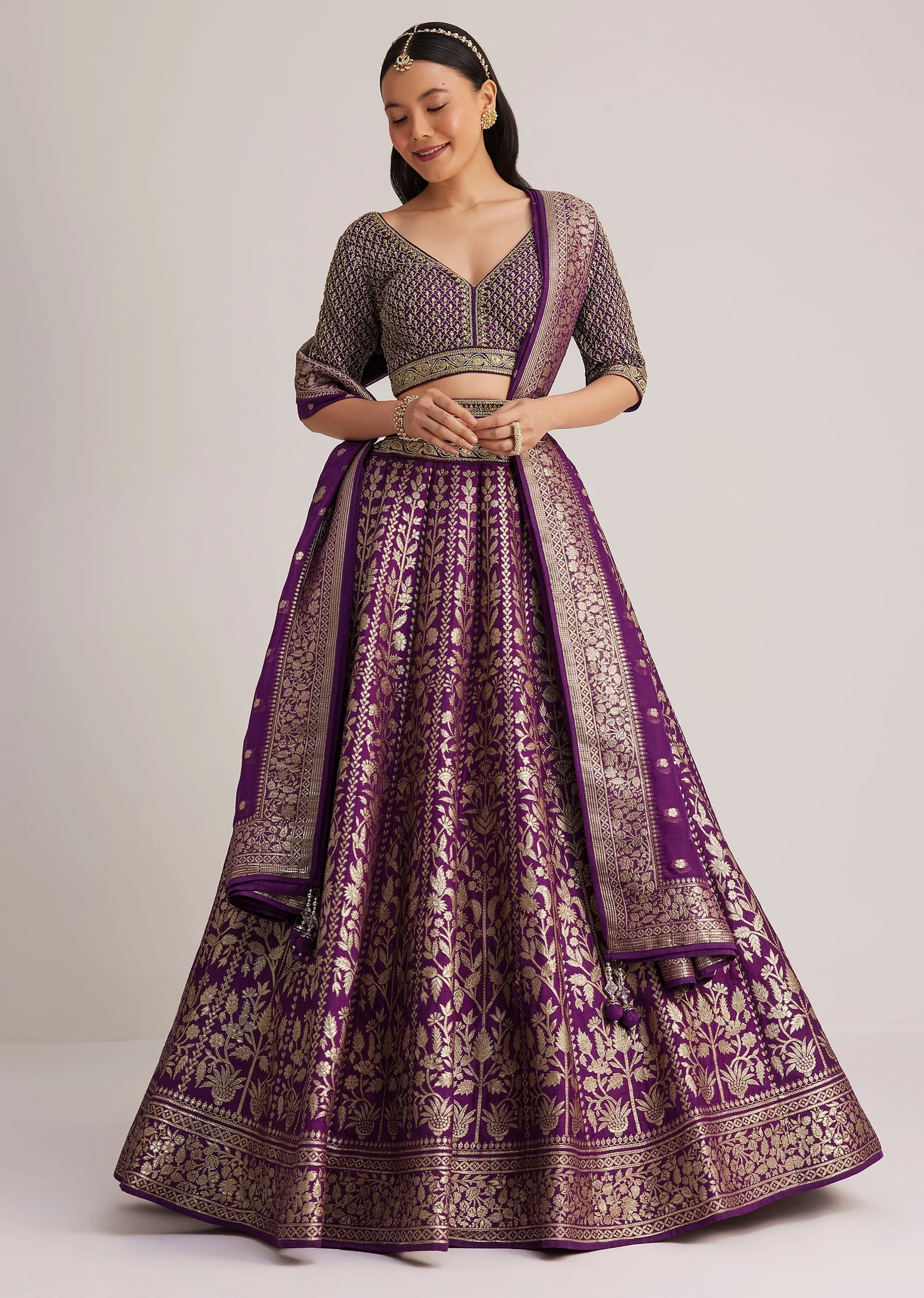 Purple Brocade Embroidered Lehenga Set - Image 4