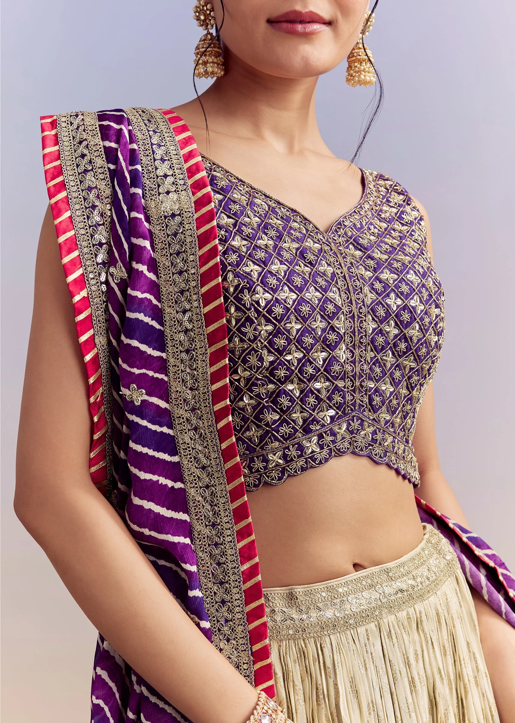 Purple Brocade Silk Bridesmaid Lehenga With Leheriya Dupatta And Zardosi Work - Image 3