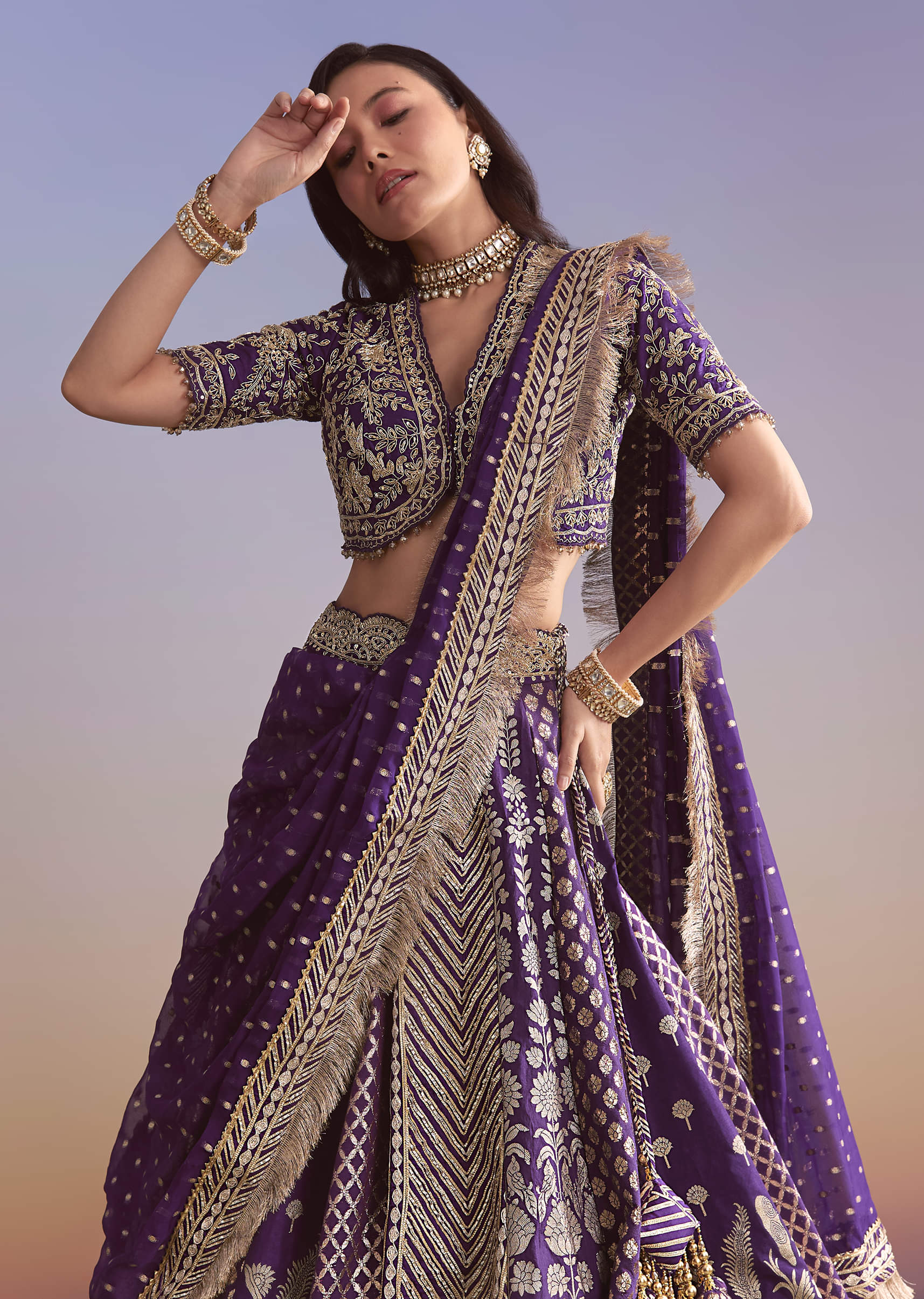 Purple Brocade Silk Bridesmaid Lehenga With Zardosi Work - Image 5