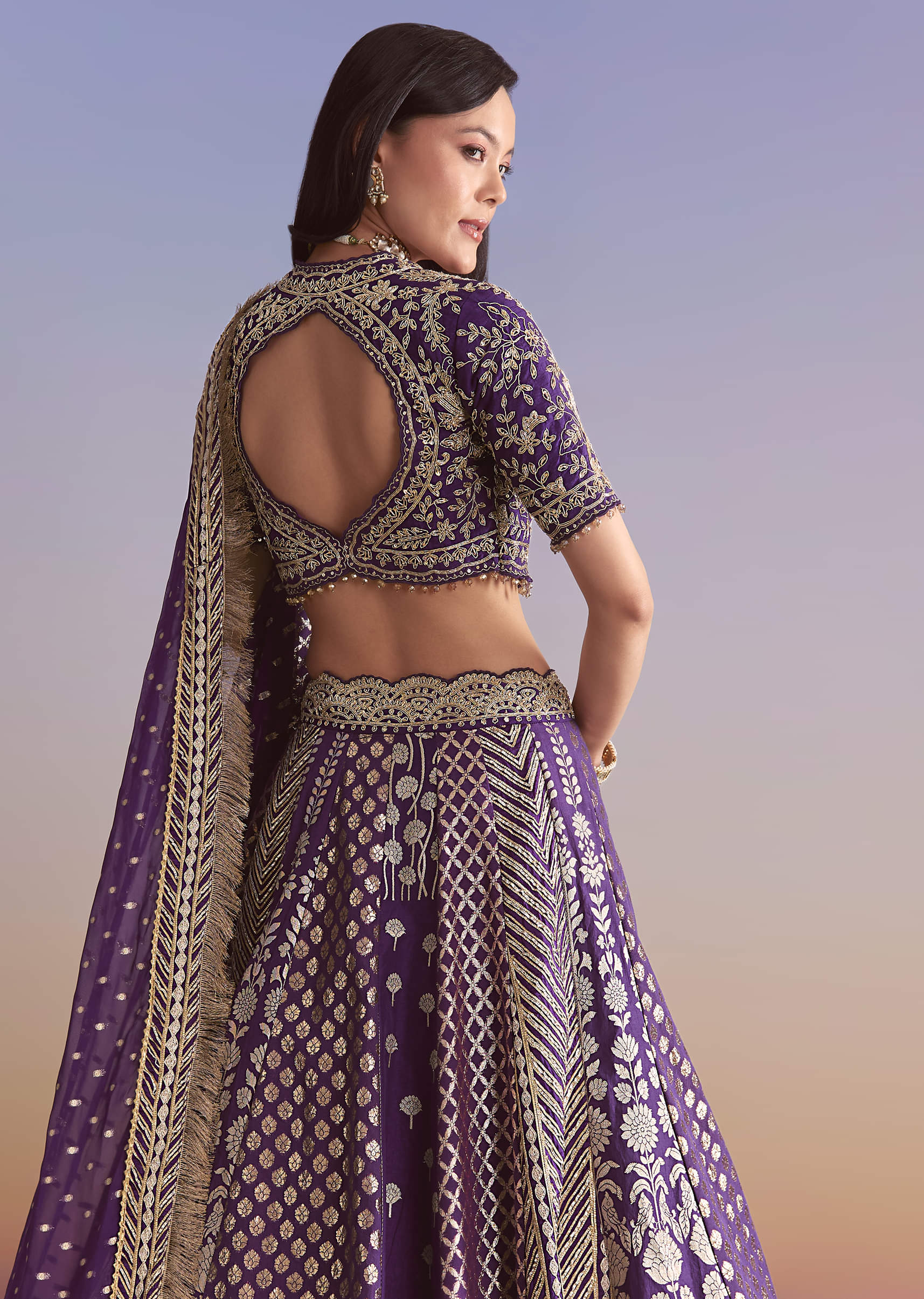 Purple Brocade Silk Bridesmaid Lehenga With Zardosi Work - Image 6