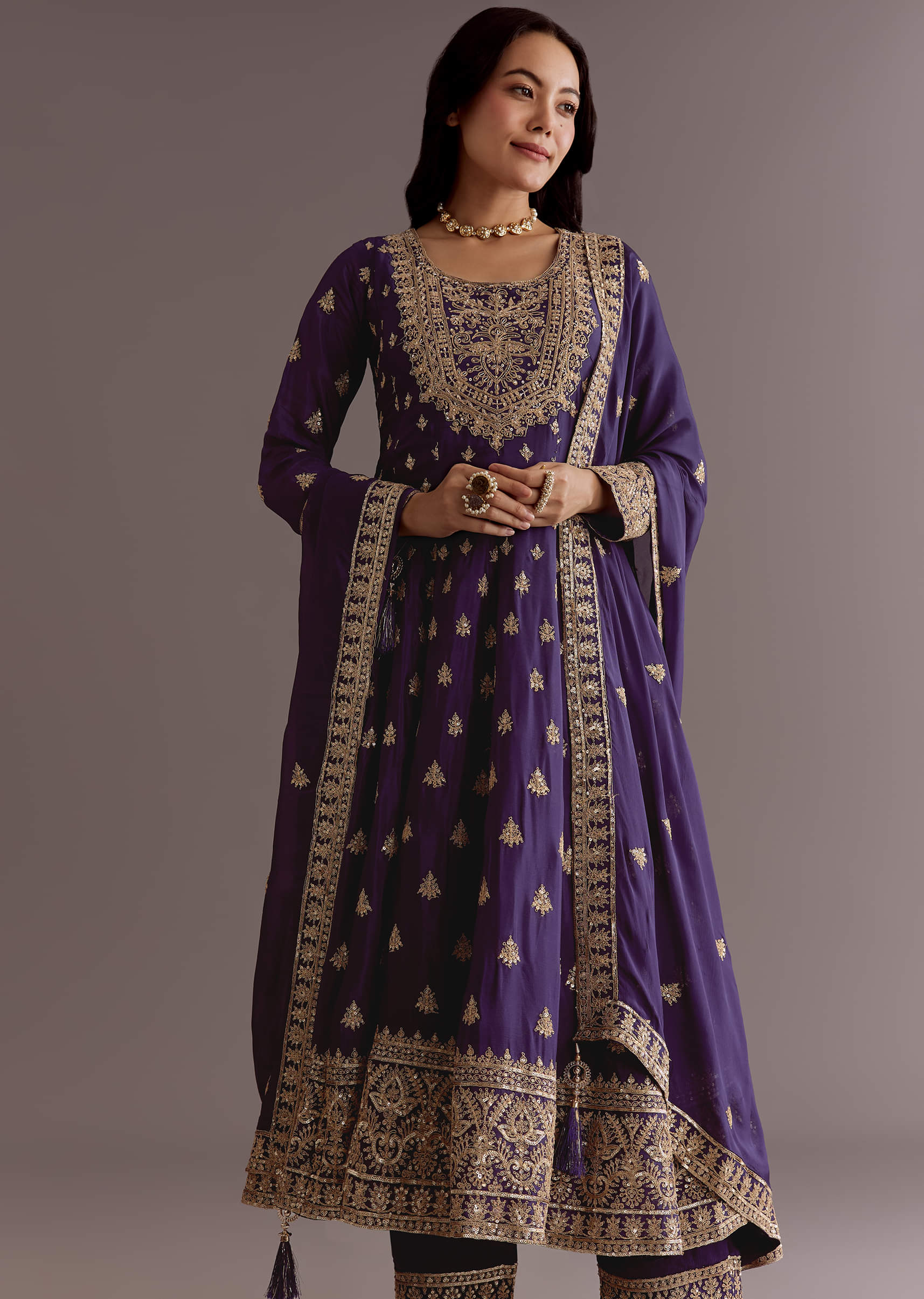 Purple Chinon Anarkali Dupatta Suit With Sequin Work - Image 3