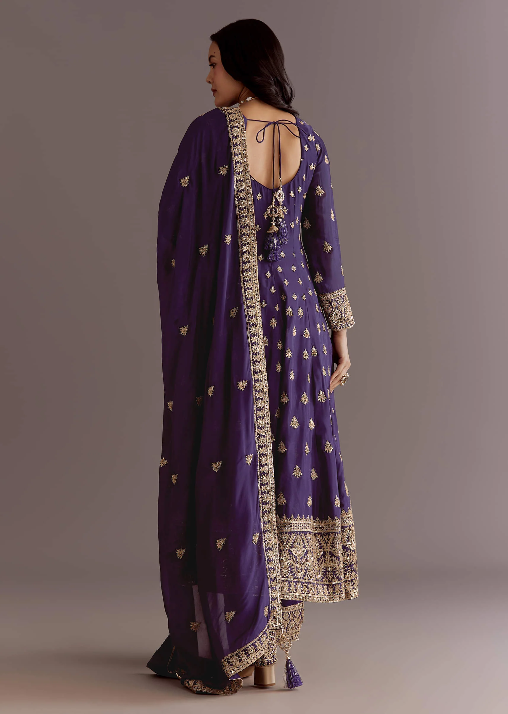 Purple Chinon Anarkali Dupatta Suit With Sequin Work - Image 5