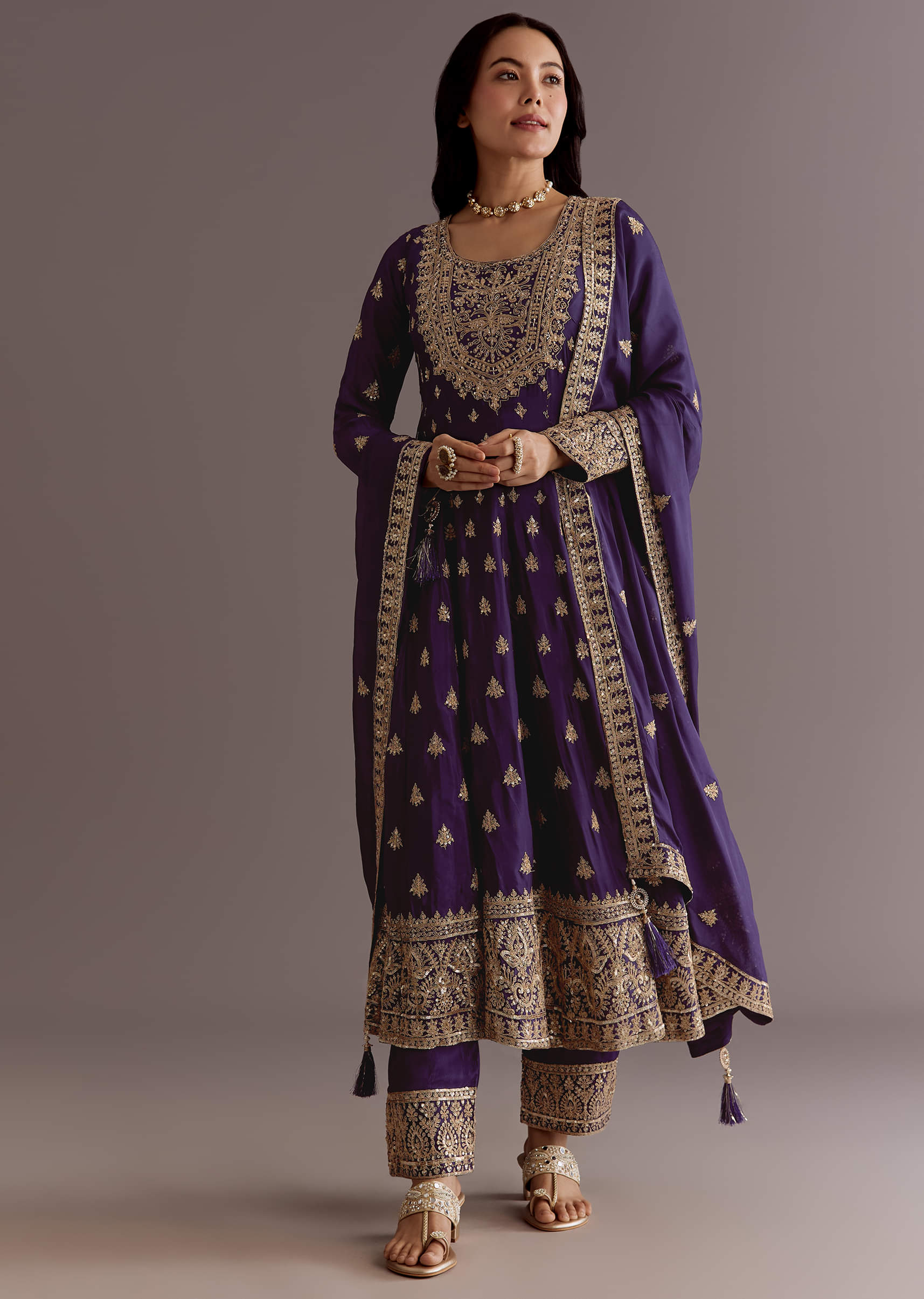 Purple Chinon Anarkali Dupatta Suit With Sequin Work - Image 8