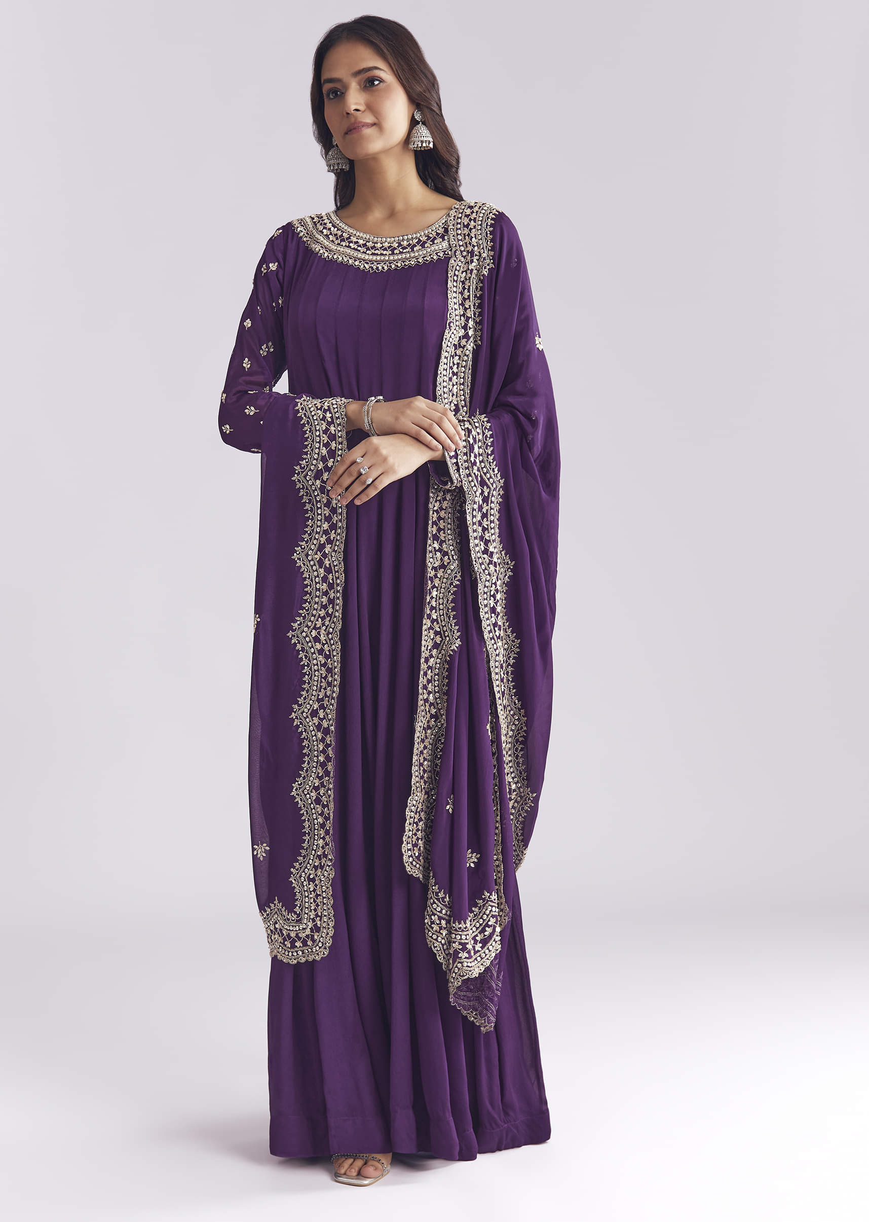 Purple Chinon Anarkali Suit With Cutdana And Sequins Work - Image 3