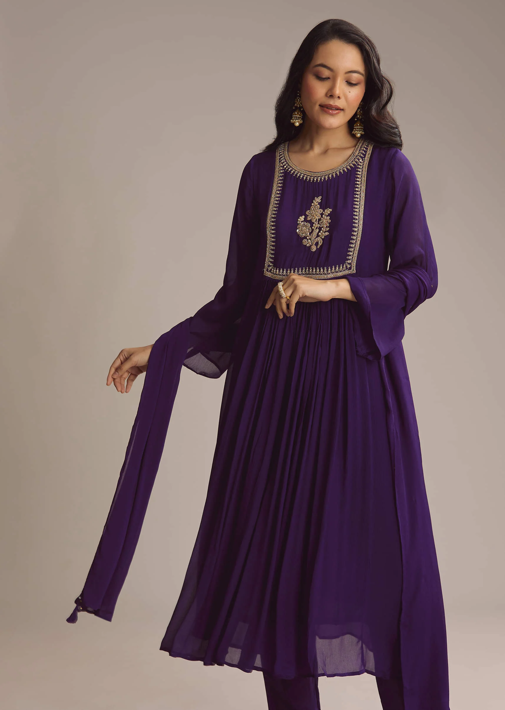 Purple Chinon Anarkali Suit With Zari Work - Image 4