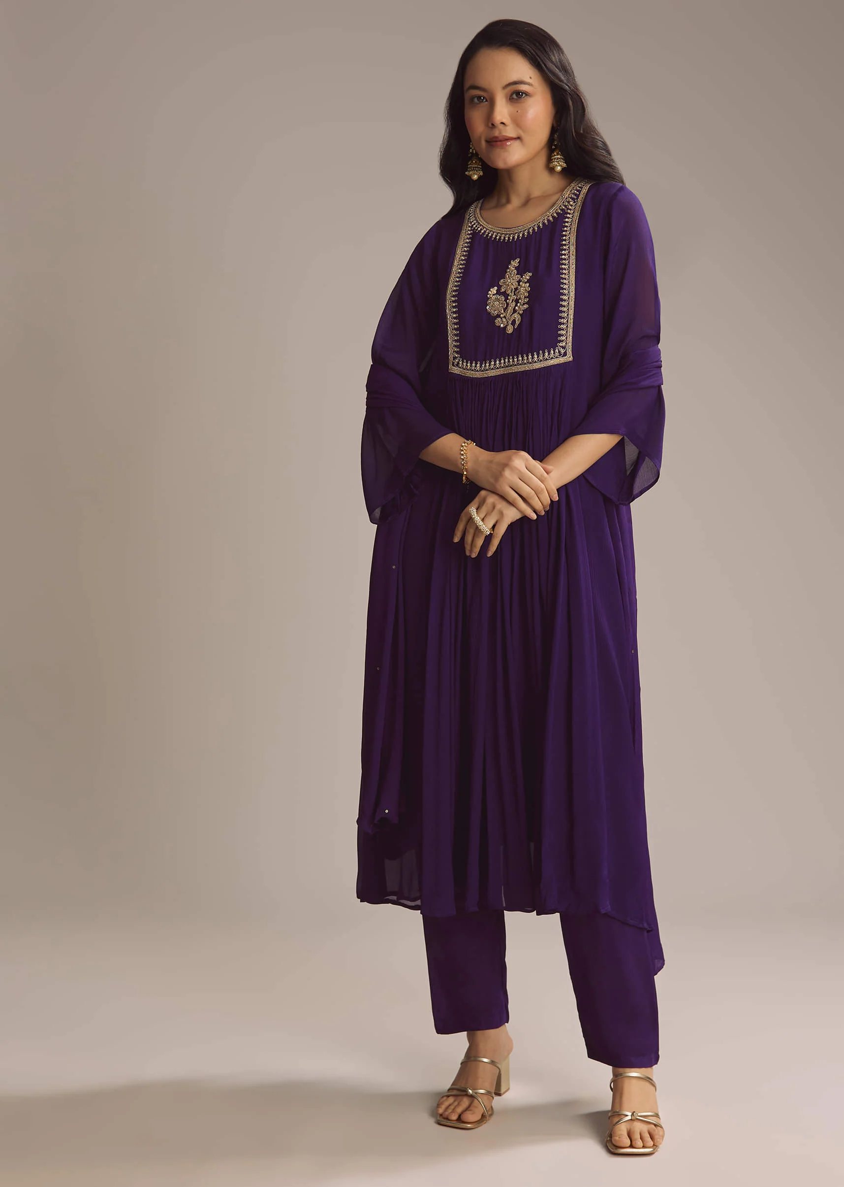 Purple Chinon Anarkali Suit With Zari Work - Image 7