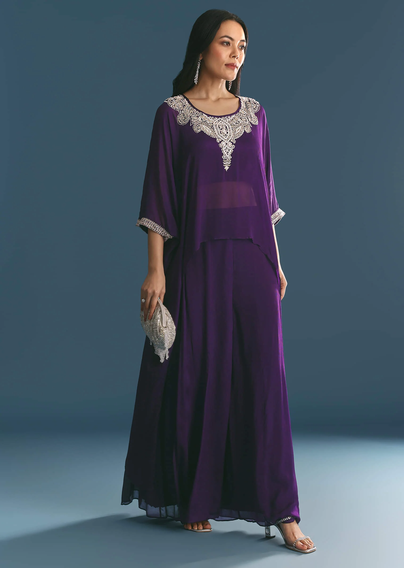 Purple Chinon Embroidered Cape Suit - Image 7