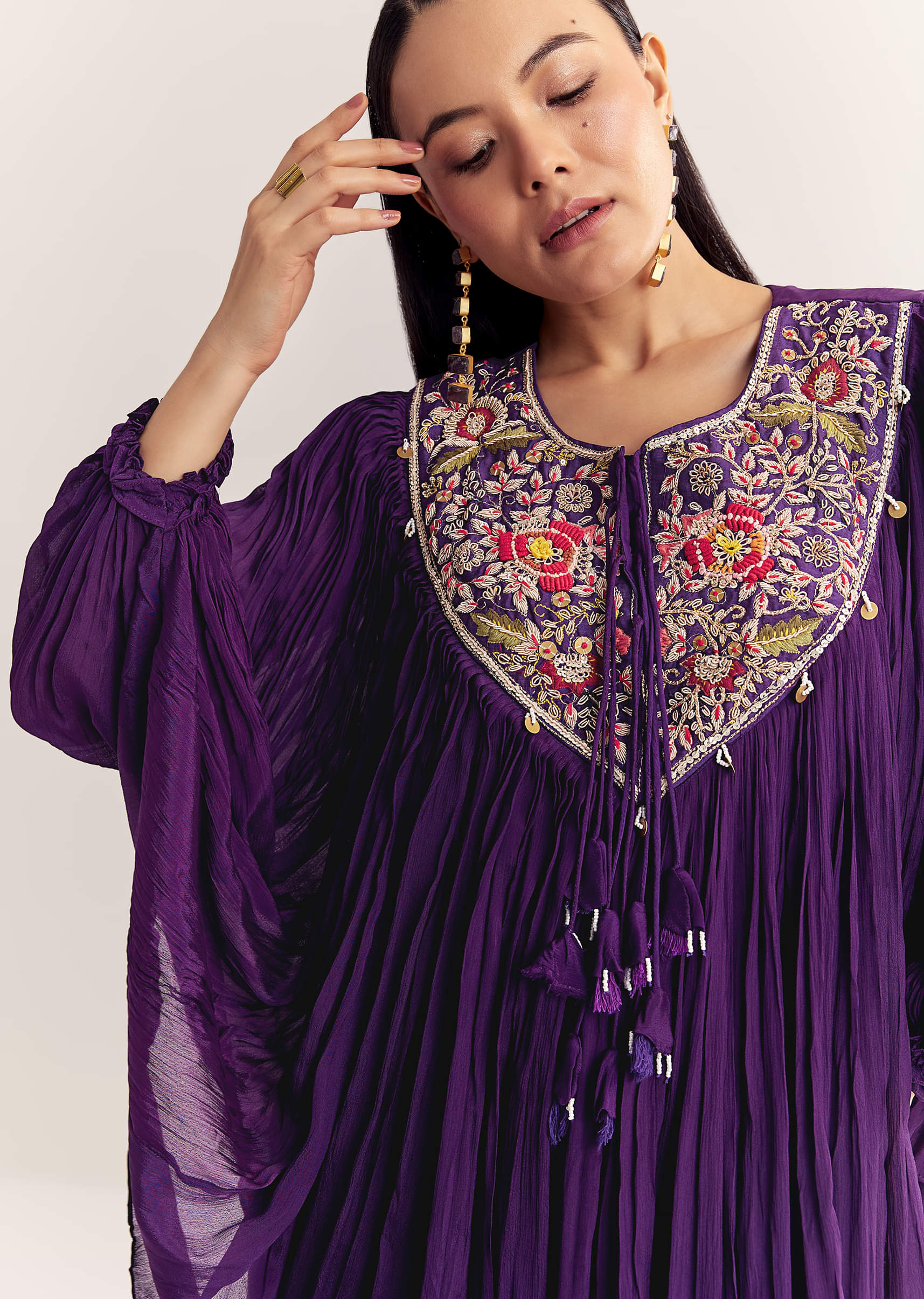 Purple Chinon Kaftan Kurta Set With Zardosi And Thread Work - Image 2